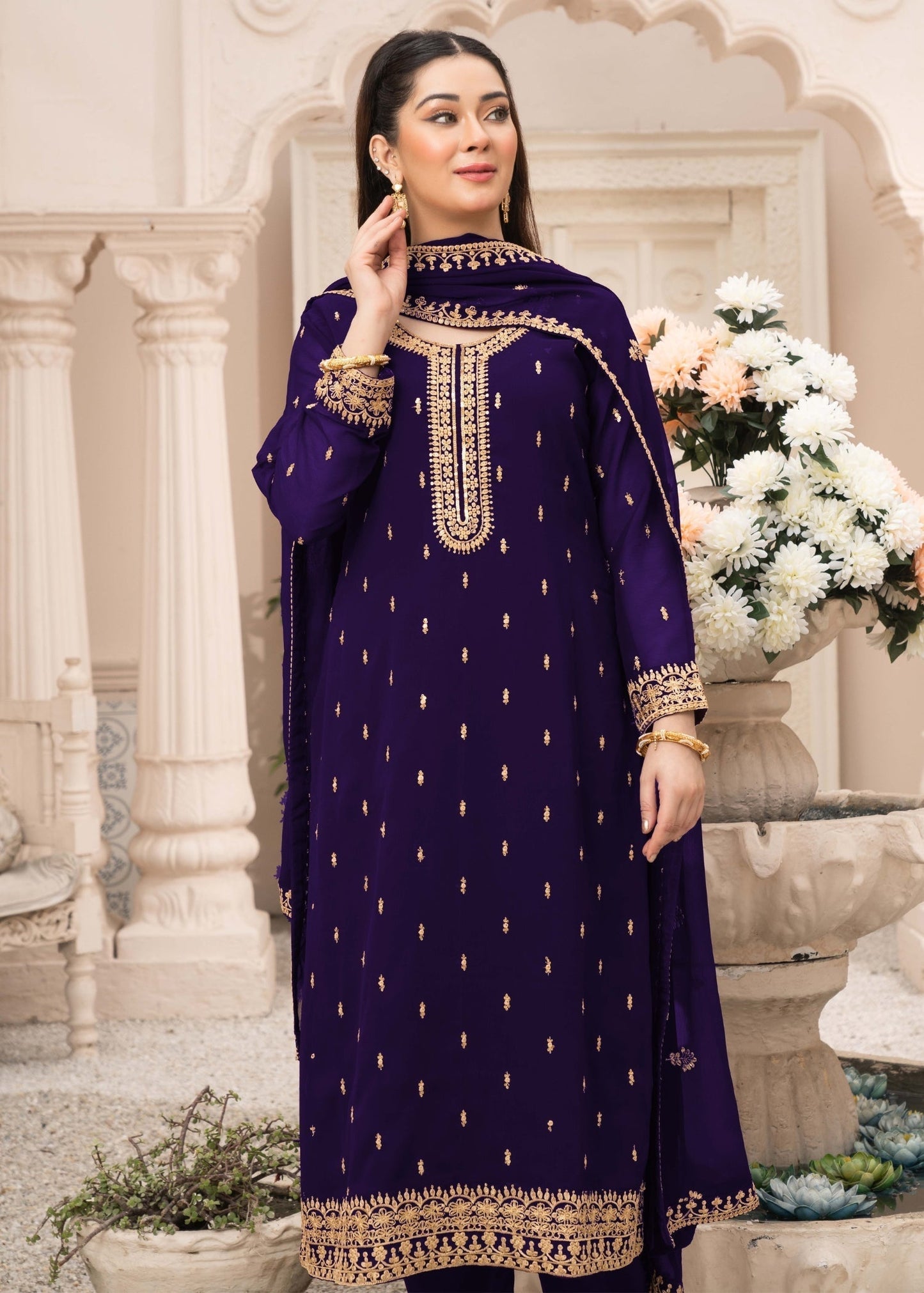 Pakistani Designer Purple Chiffon Salwar Kameez Online in KSA Riyadh Saudi Arabia Oman Bahrain Qatar