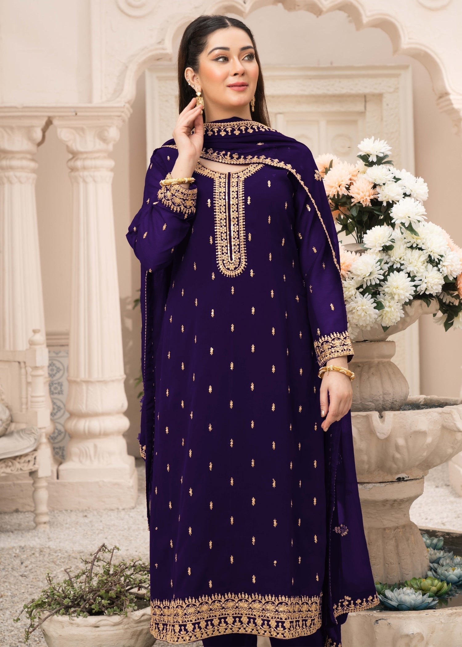 Pakistani Designer Purple Chiffon Salwar Kameez Online in KSA Riyadh Saudi Arabia Oman Bahrain Qatar