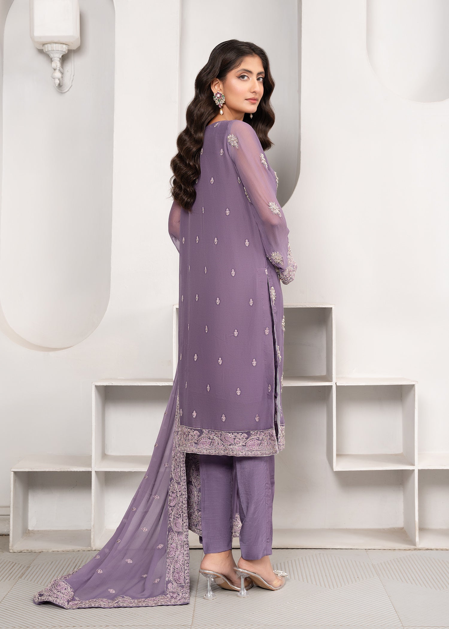Pakistani Designer Purple Chiffon Suit Online in KSA Riyadh Saudi Arabia Oman Bahrain Qatar