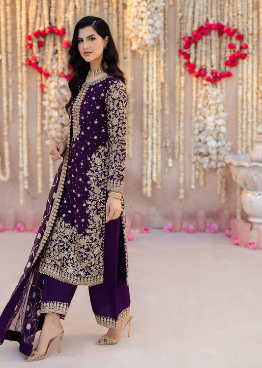 Pakistani Designer Purple Chiffon Wedding Guest Outfit Online in KSA Riyadh Saudi Arabia Oman Bahrain Qatar
