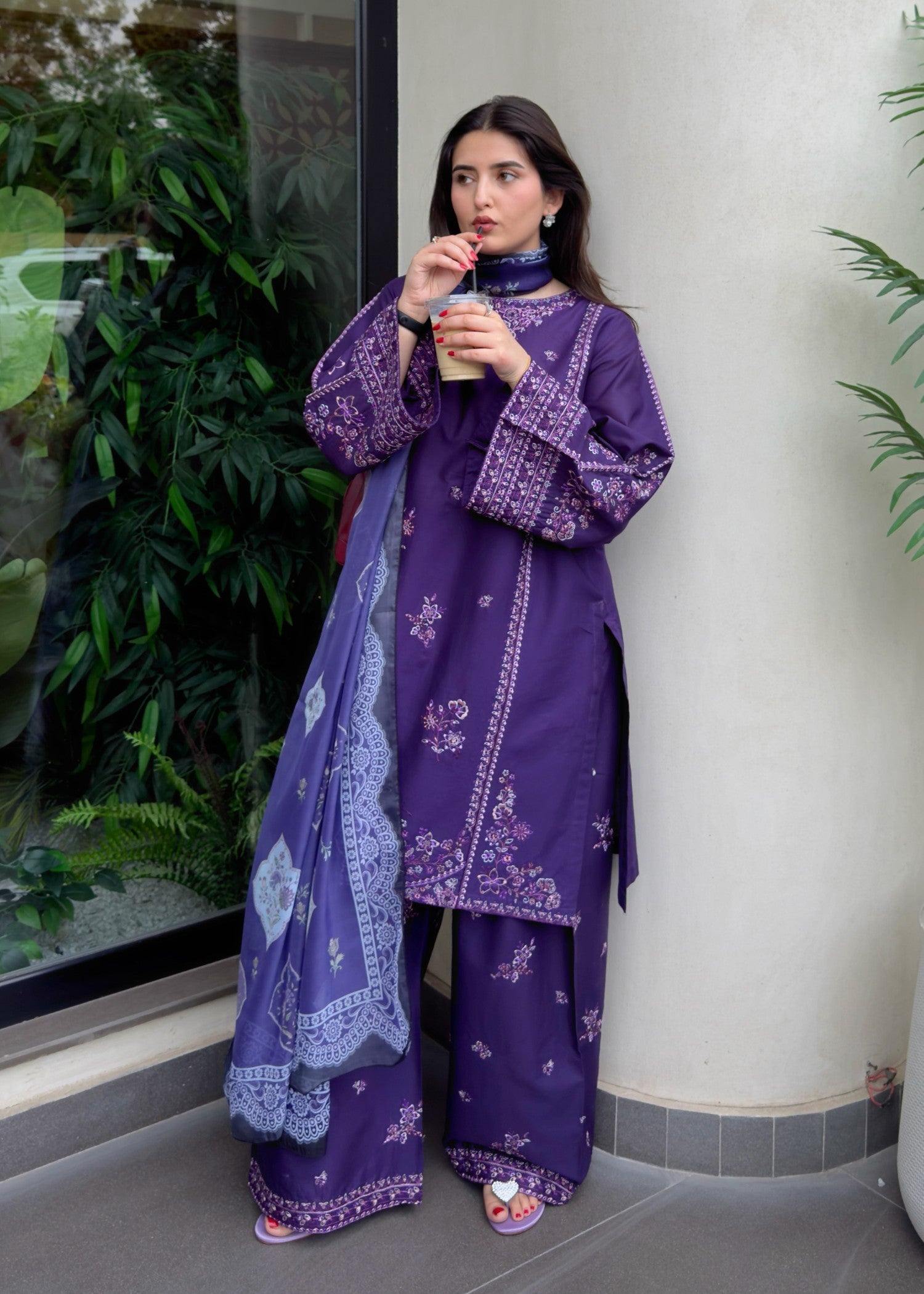 Pakistani Designer Purple Cotton Salwar Kameez Online in KSA Riyadh Saudi Arabia Oman Bahrain Qatar