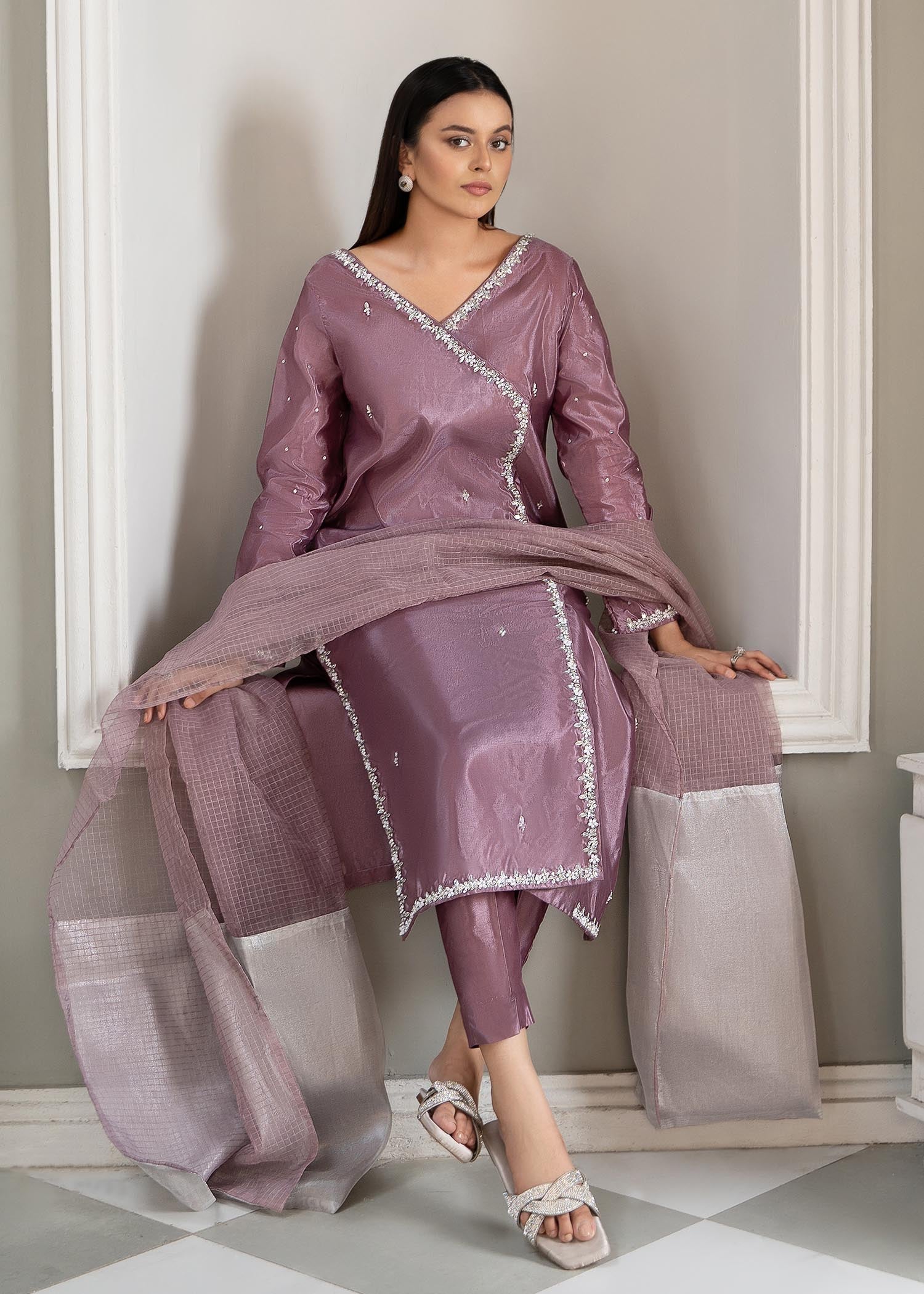 Pakistani Designer Purple Embellished Kattan Silk Salwar Suit Online in KSA Riyadh Saudi Arabia Oman Bahrain Qatar
