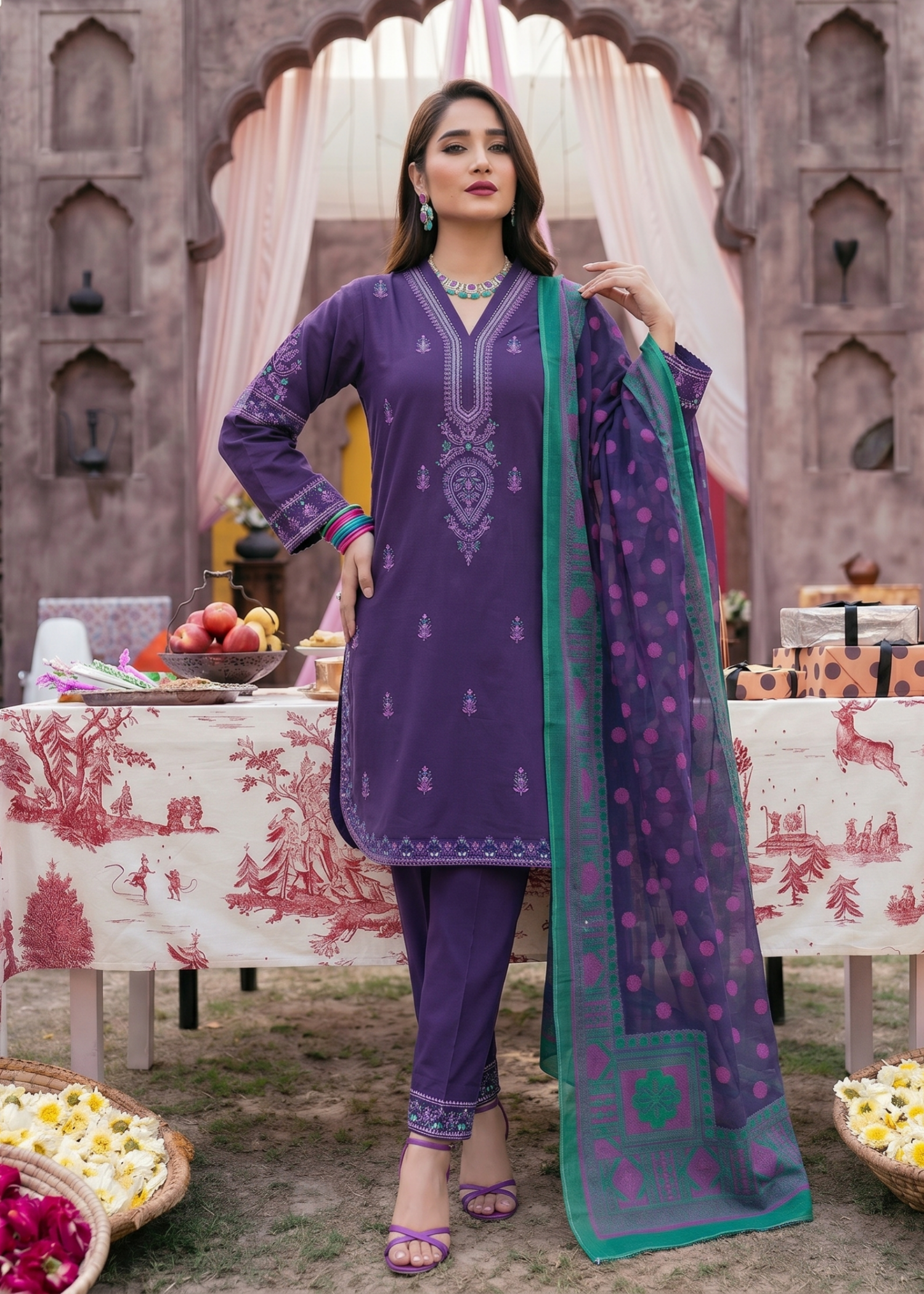 Pakistani Designer Purple Embroidered Lawn Salwar Kameez Online in KSA Riyadh Saudi Arabia Oman Bahrain Qatar