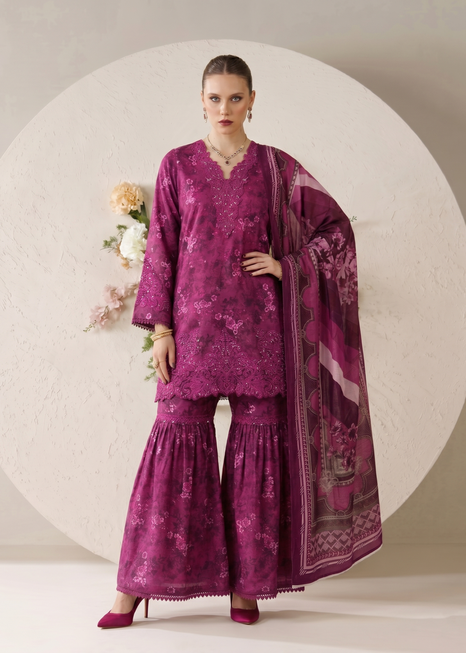 Pakistani Designer Purple Lawn Sharara Gharara Online in KSA Riyadh Saudi Arabia Oman Bahrain Qatar