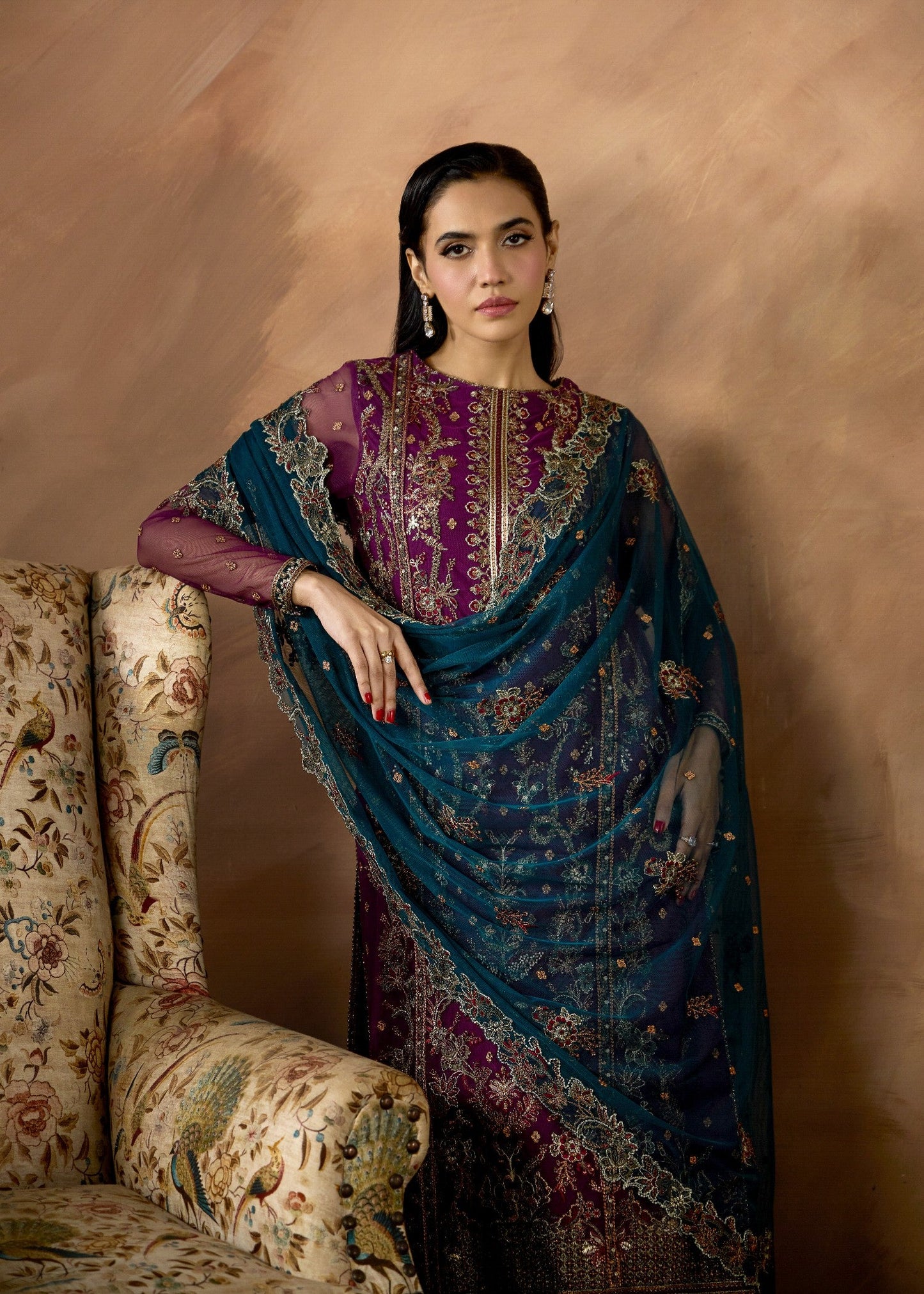 Pakistani Designer Purple Net Embroidered Suit Online in KSA Riyadh Saudi Arabia Oman Bahrain Qatar