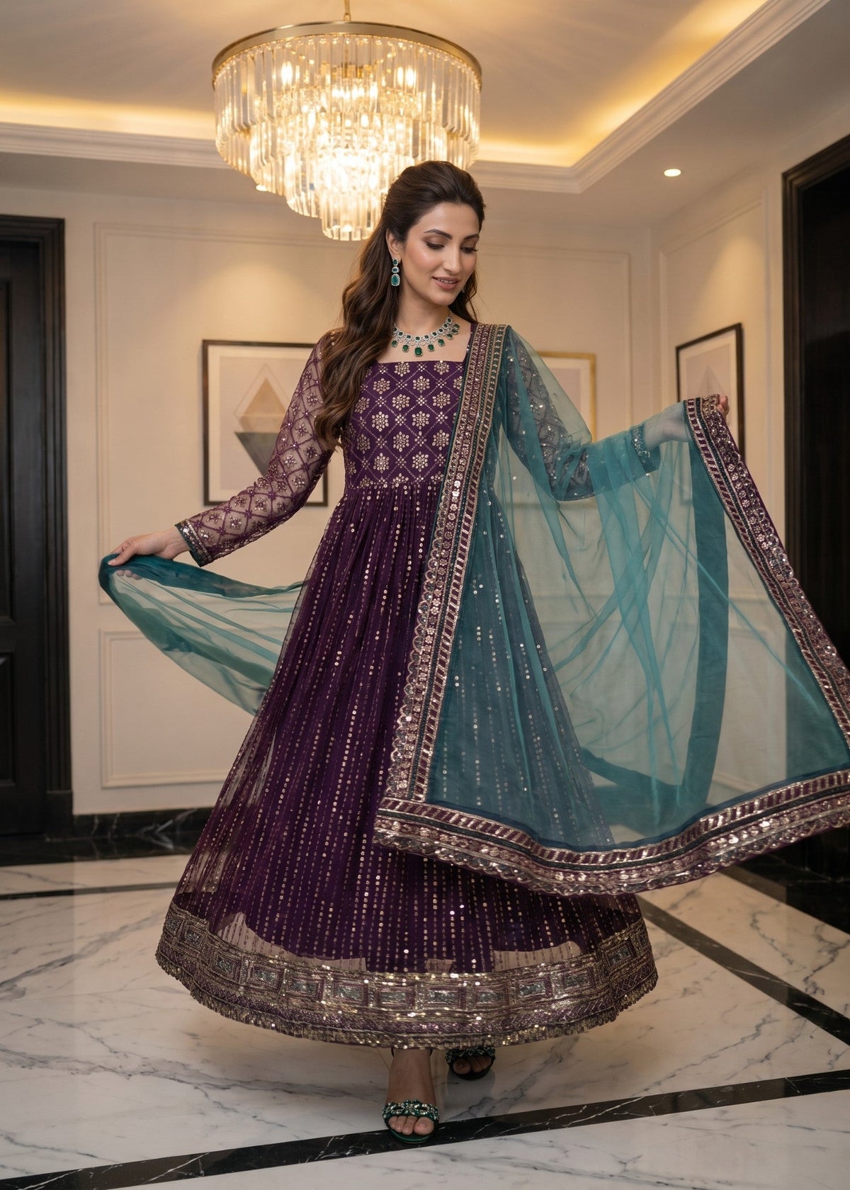 Pakistani Designer Purple Net Pishwas Online in KSA Riyadh Saudi Arabia Oman Bahrain Qatar
