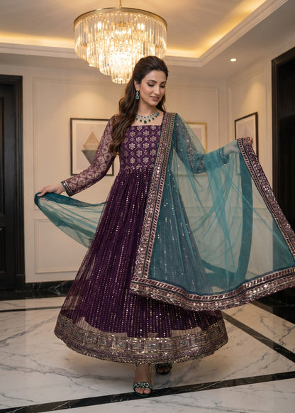 Pakistani Designer Purple Net Pishwas Online in KSA Riyadh Saudi Arabia Oman Bahrain Qatar