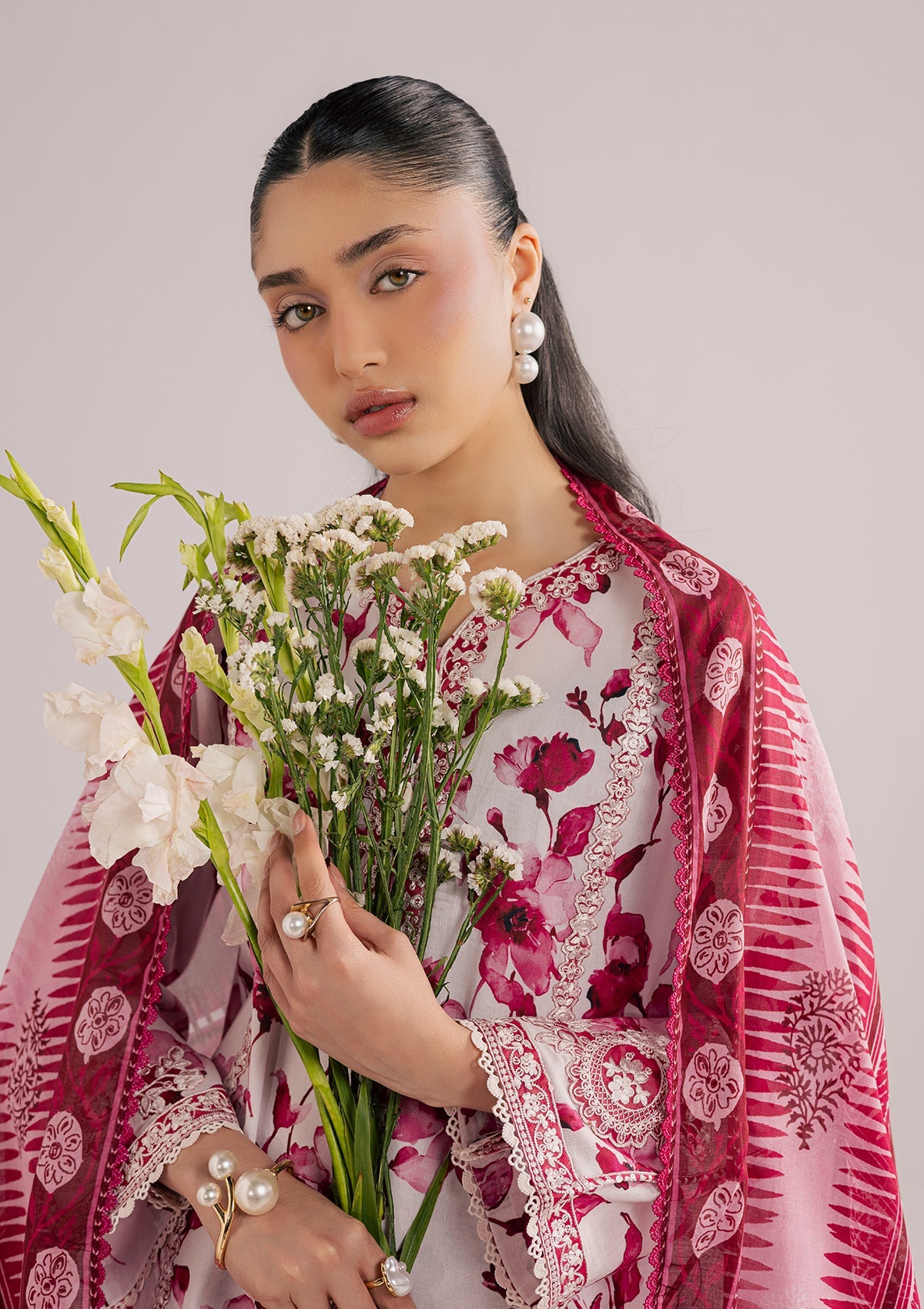 Pakistani Designer Raspberry Pink Lawn Suit Online in KSA Riyadh Saudi Arabia Oman Bahrain Qatar