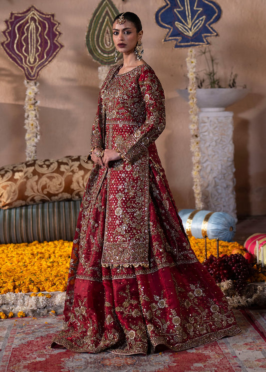 Pakistani Designer Red Charmuse Lehenga Choli Online in KSA Riyadh Saudi Arabia Oman Bahrain Qatar