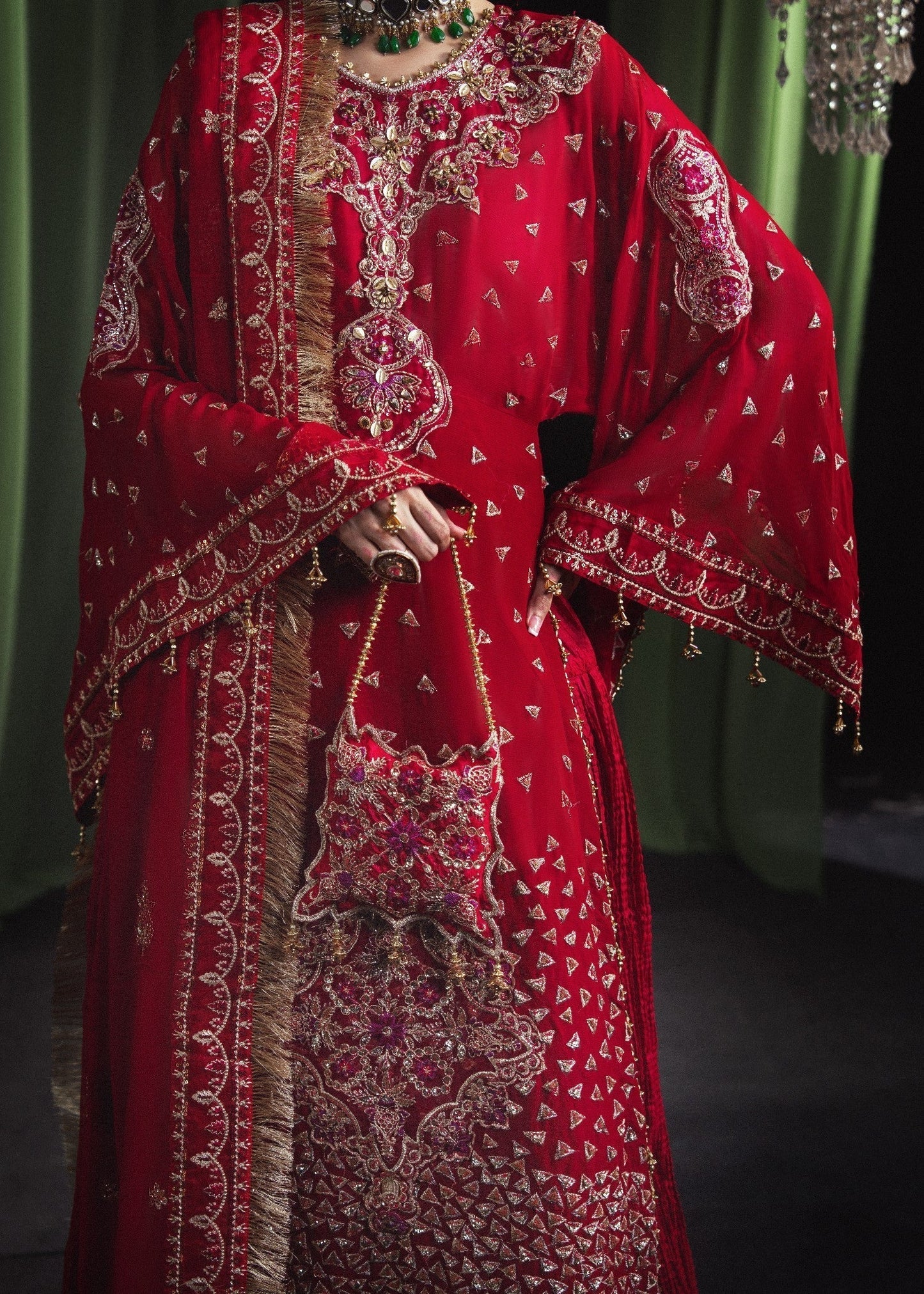 Pakistani Designer Red Chiffon Kaftan Suit Online in KSA Riyadh Saudi Arabia Oman Bahrain Qatar