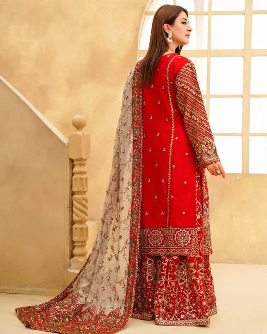 Pakistani Designer Red Chiffon Salwar Kameez Online in KSA Riyadh Saudi Arabia Oman Bahrain Qatar