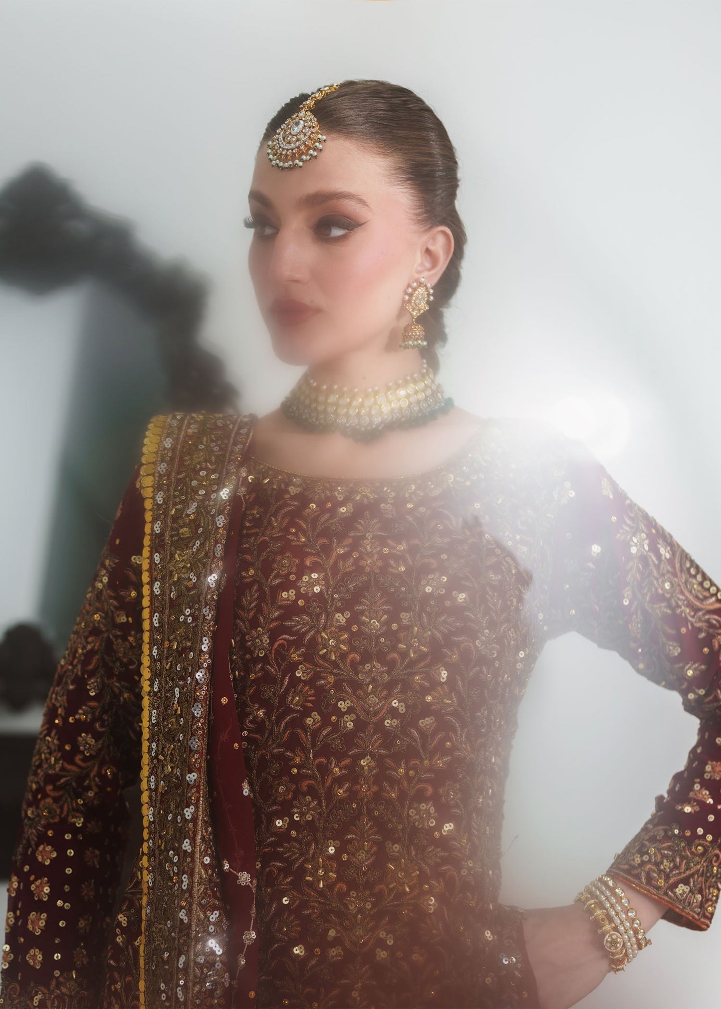 Pakistani Designer Red Chiffon Wedding Suit Online in KSA Riyadh Saudi Arabia Oman Bahrain Qatar