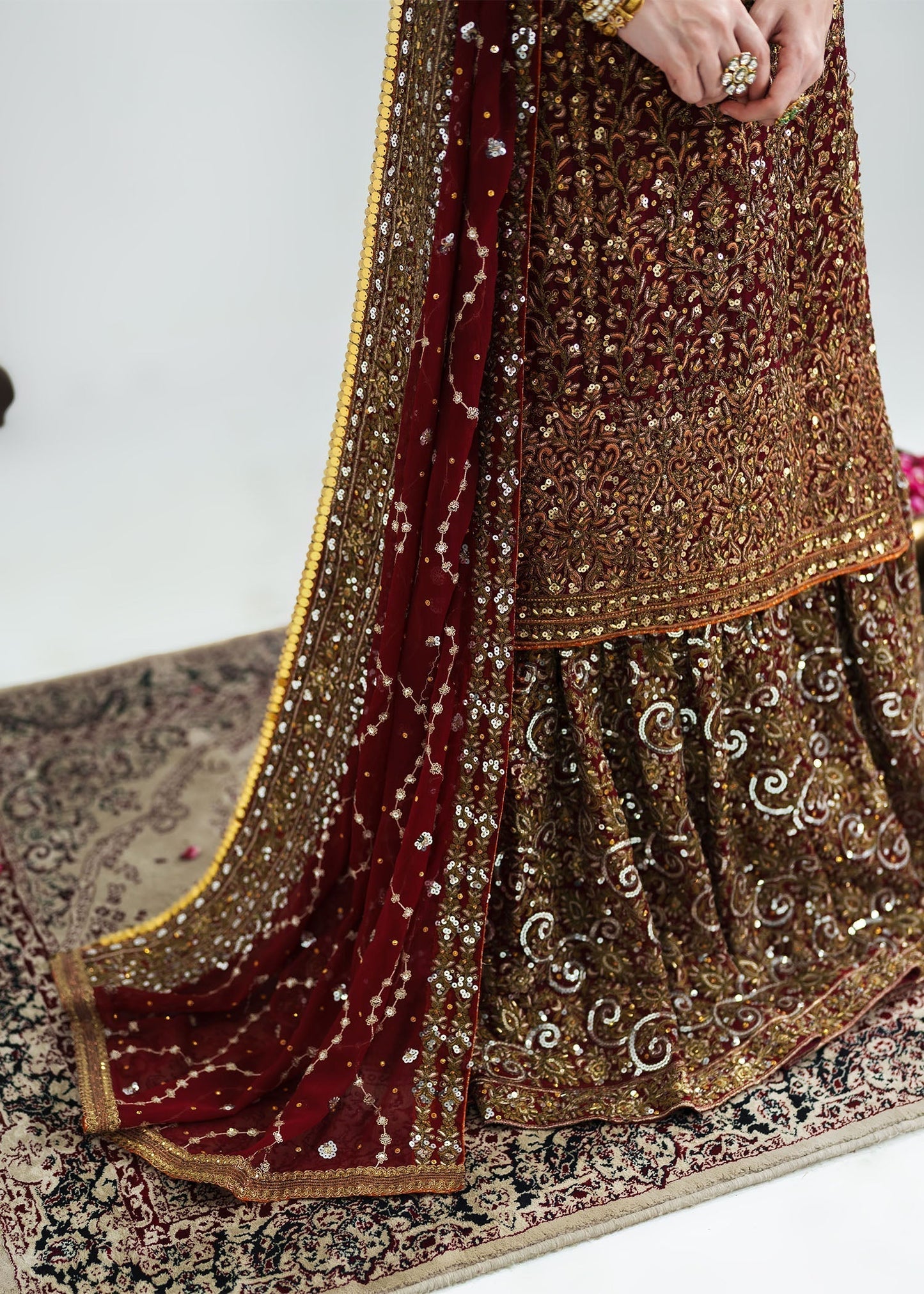 Pakistani Designer Red Chiffon Wedding Suit Online in KSA Riyadh Saudi Arabia Oman Bahrain Qatar