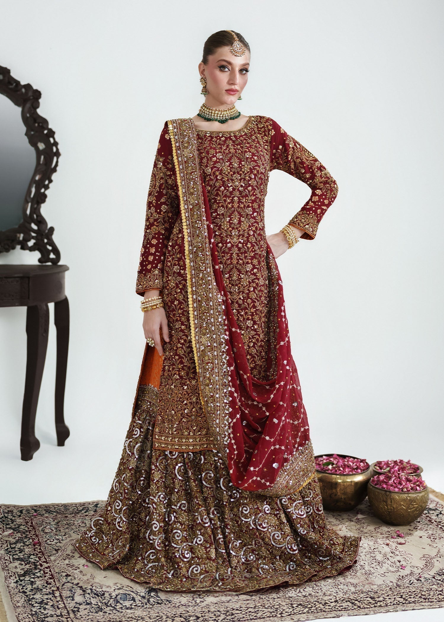 Pakistani Designer Red Chiffon Wedding Suit Online in KSA Riyadh Saudi Arabia Oman Bahrain Qatar