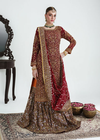 Pakistani Designer Red Chiffon Wedding Suit Online in KSA Riyadh Saudi Arabia Oman Bahrain Qatar
