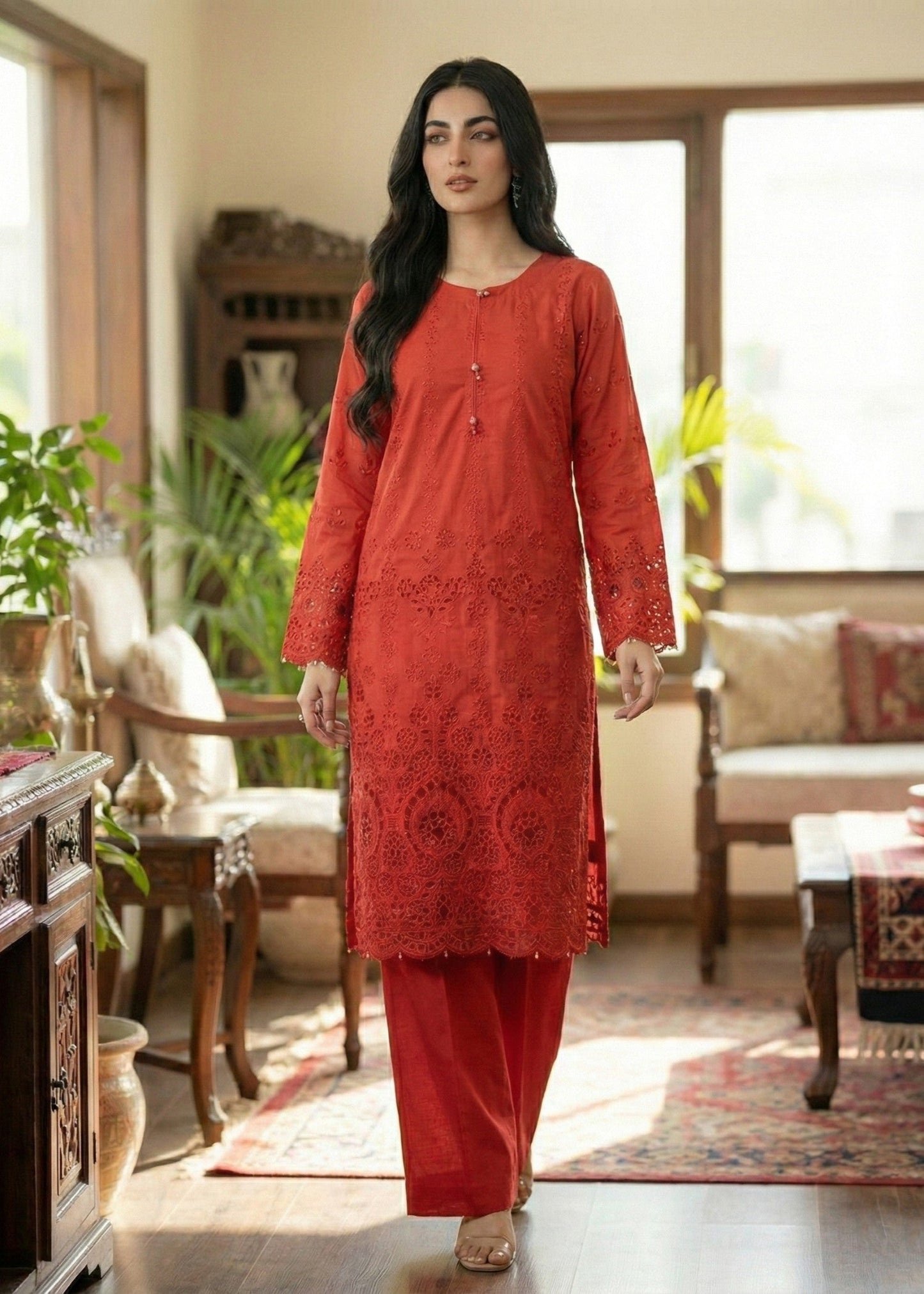 Pakistani Designer Red Chikankari Cotton Suit Online in KSA Riyadh Saudi Arabia Oman Bahrain Qatar