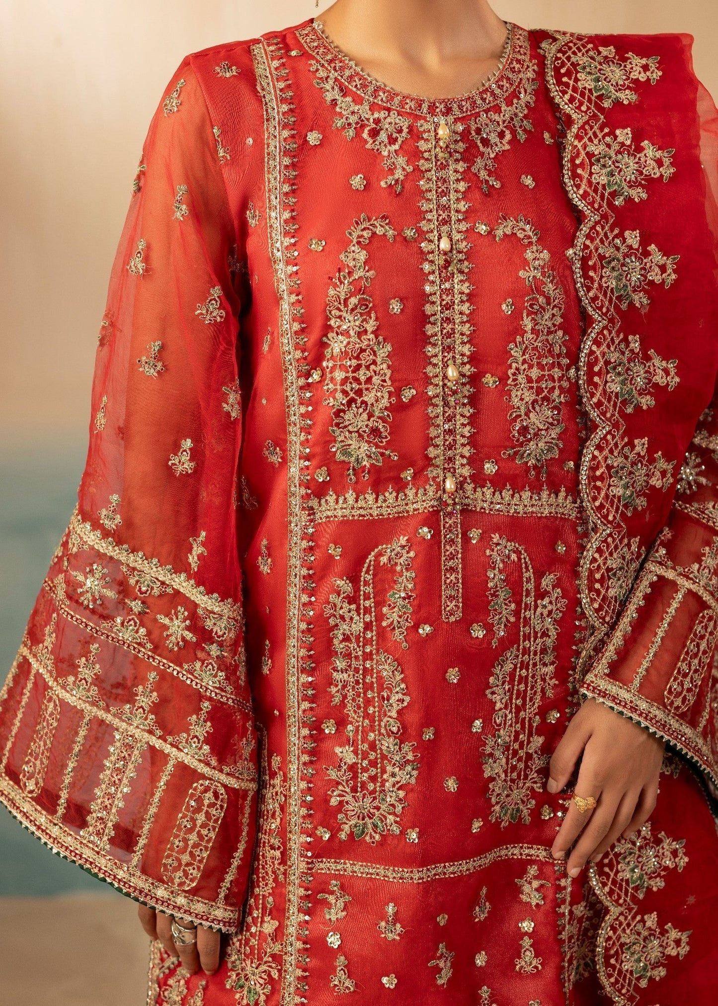 Pakistani Designer Red Embroidered Farshi Shalwar Online in KSA Riyadh Saudi Arabia Oman Bahrain Qatar