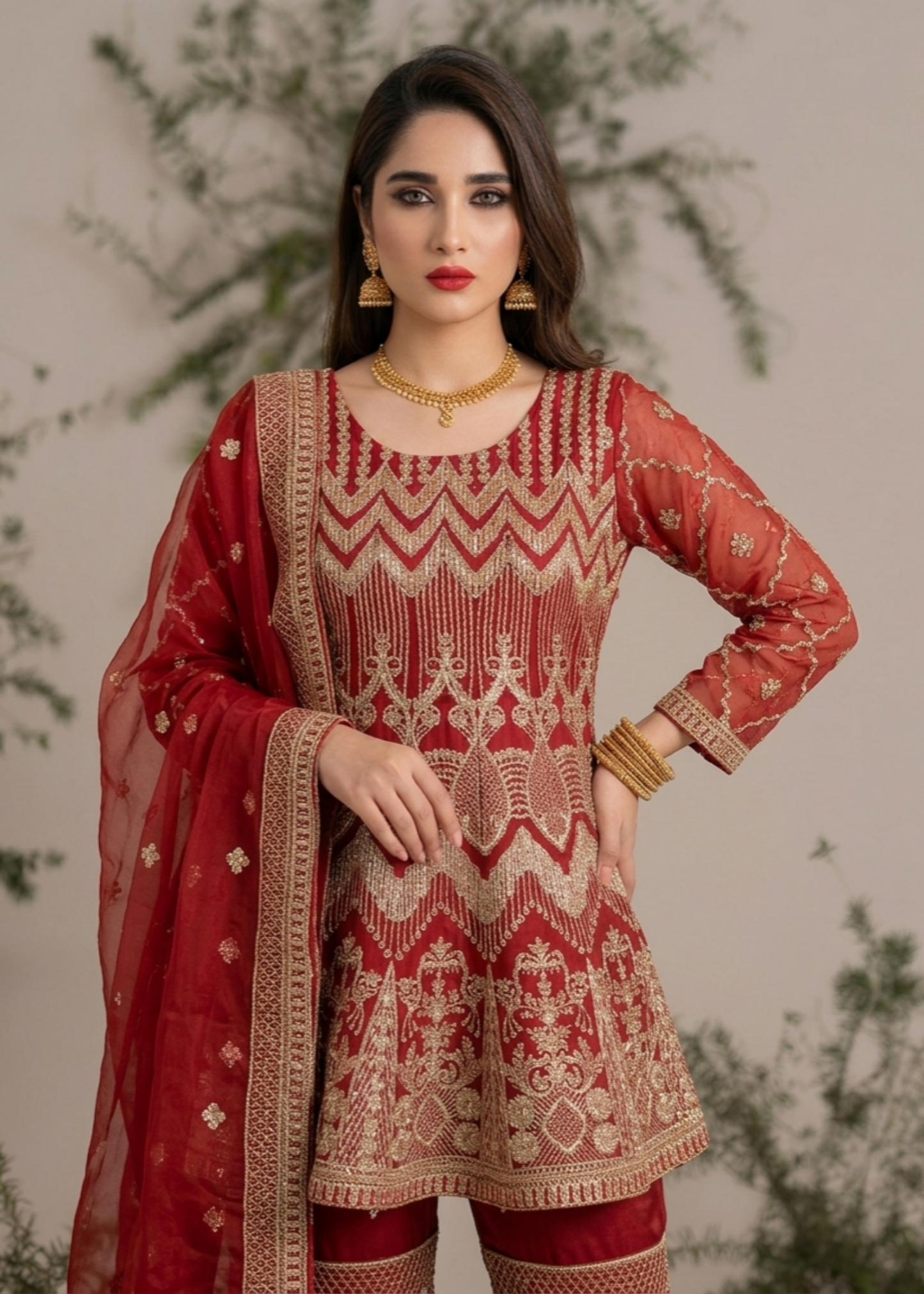Pakistani Designer Red Embroidered Gharara Online in UK USA Canada
