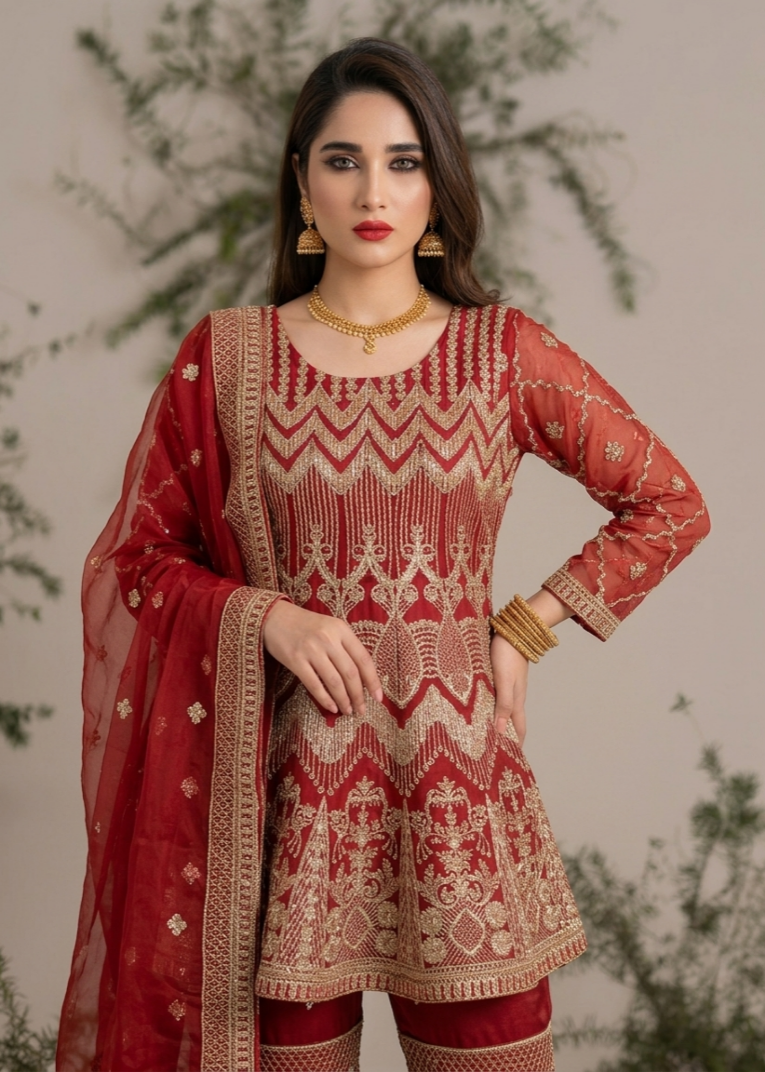 Pakistani Designer Red Embroidered Gharara Online in UK USA Canada