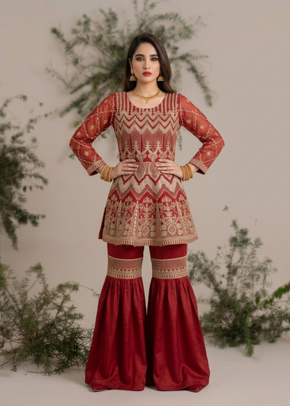 Pakistani Designer Red Embroidered Gharara Suit Online in UK USA Canada