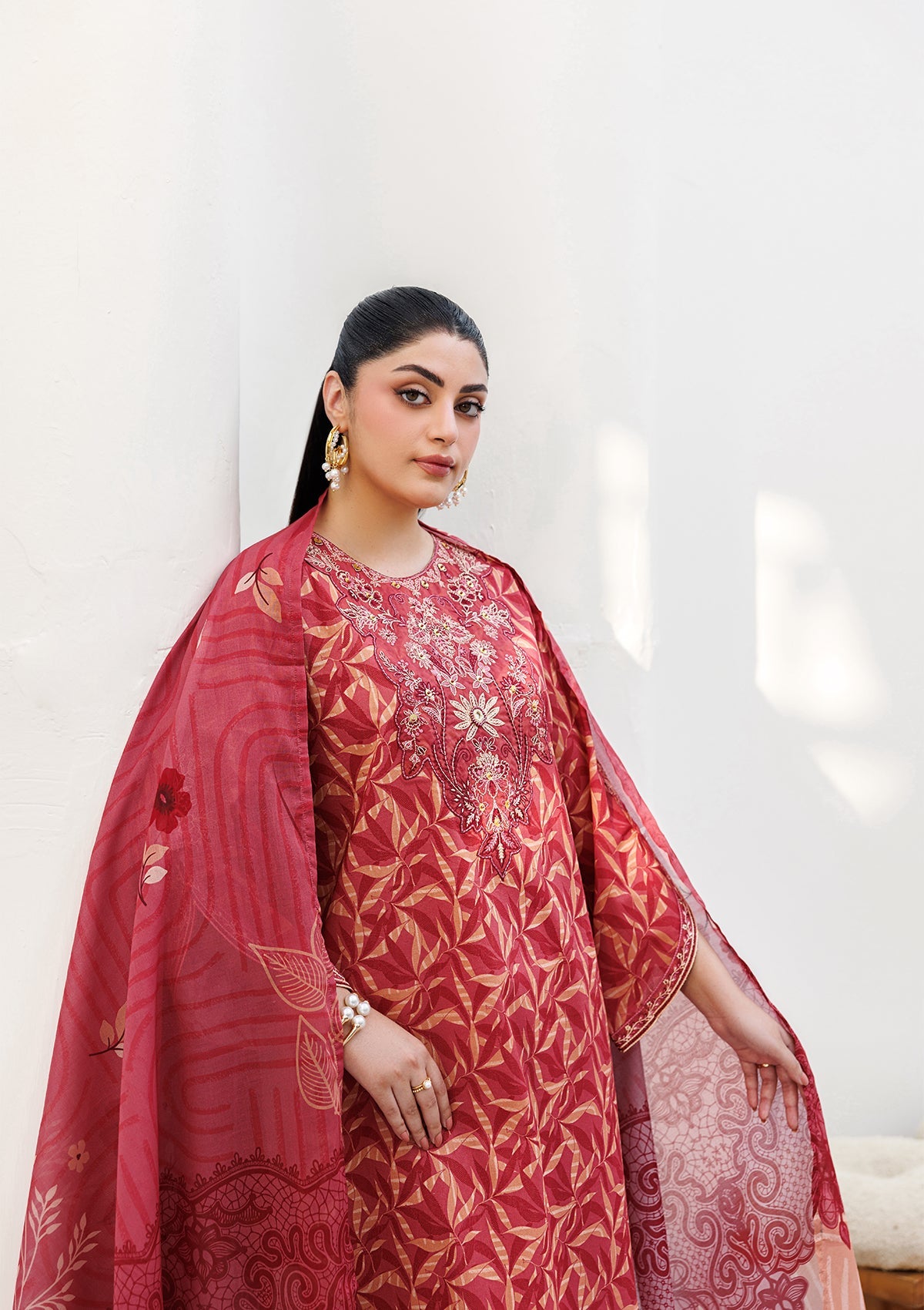 Pakistani Designer Red Embroidered Lawn Suit Online in KSA Riyadh Saudi Arabia Oman Bahrain Qatar