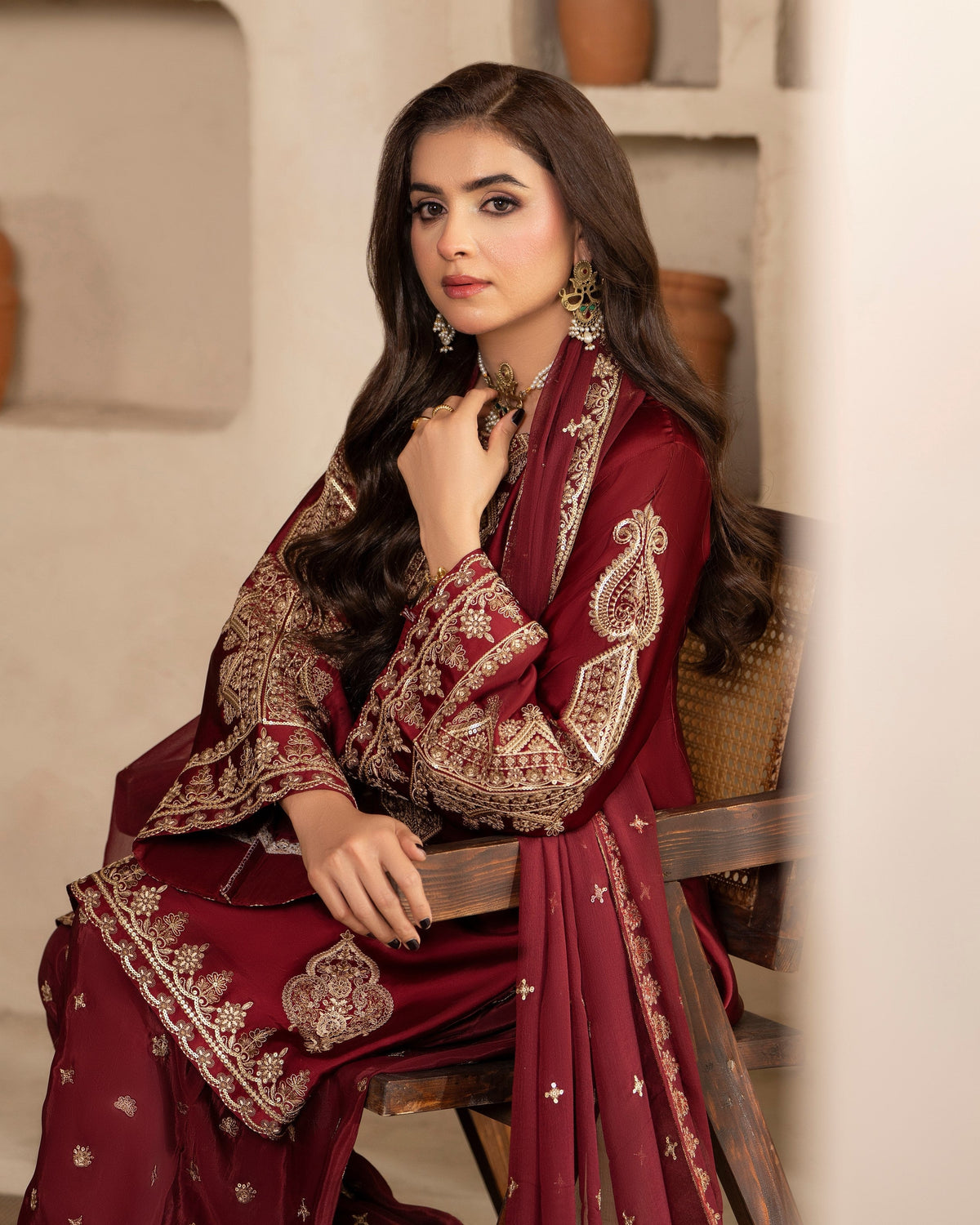 Pakistani Designer Red Embroidered Russian Grip Shalwar Suit Online in Sri Lanka India Australia