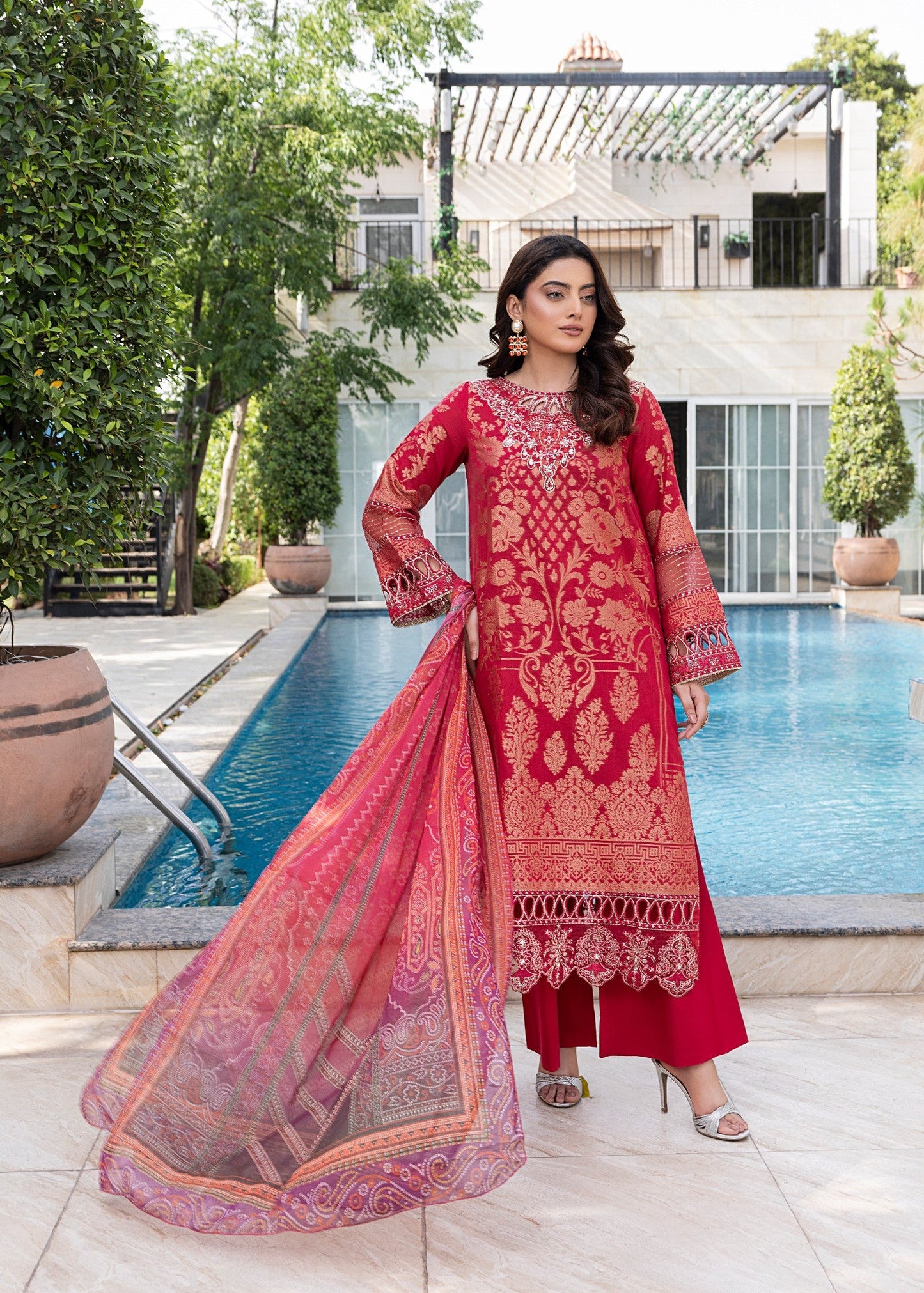 Pakistani Designer Red Jacquard Embroidered Suit Online in KSA Riyadh Saudi Arabia Oman Bahrain Qatar