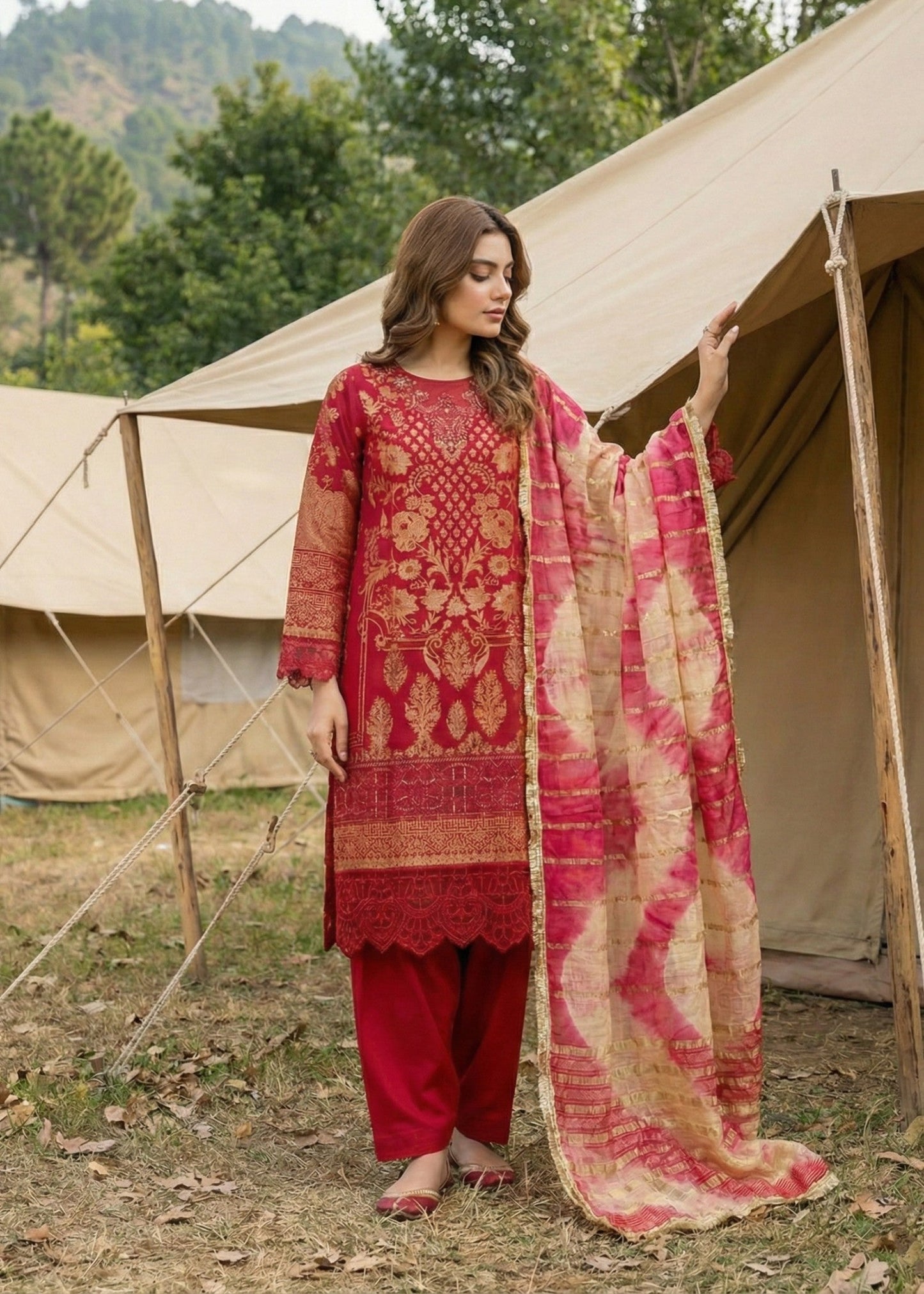 Pakistani Designer Red Jacquard Salwar Kameez Online in KSA Riyadh Saudi Arabia Oman Bahrain Qatar