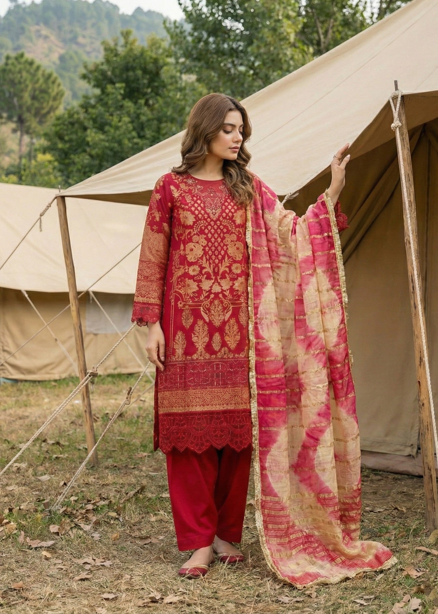 Pakistani Designer Red Jacquard Salwar Kameez Online in KSA Riyadh Saudi Arabia Oman Bahrain Qatar