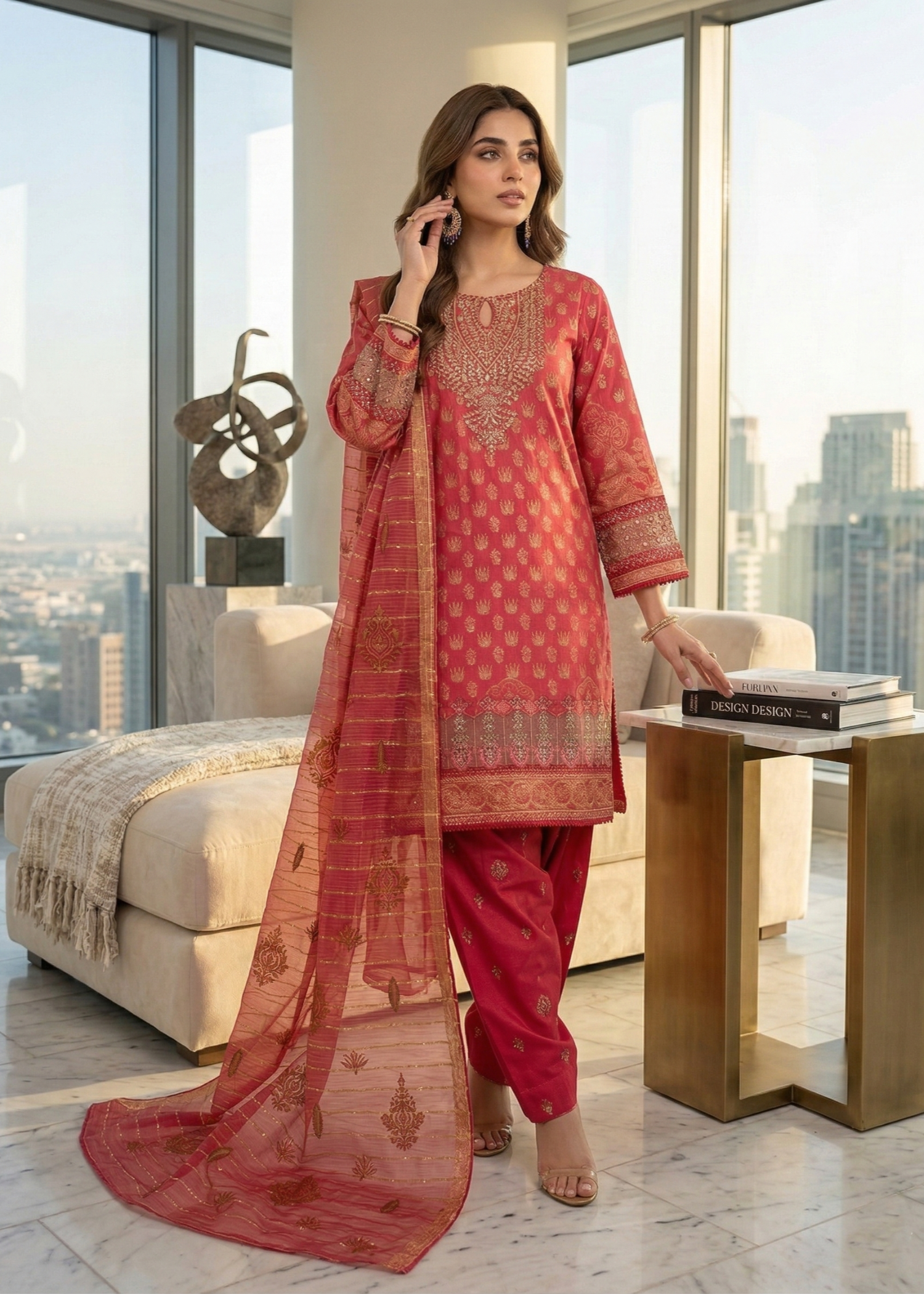 Pakistani Designer Red Jacquard Salwar Kameez Online in KSA Riyadh Saudi Arabia Oman Bahrain Qatar