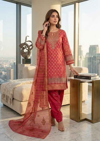Pakistani Designer Red Jacquard Salwar Kameez Online in KSA Riyadh Saudi Arabia Oman Bahrain Qatar