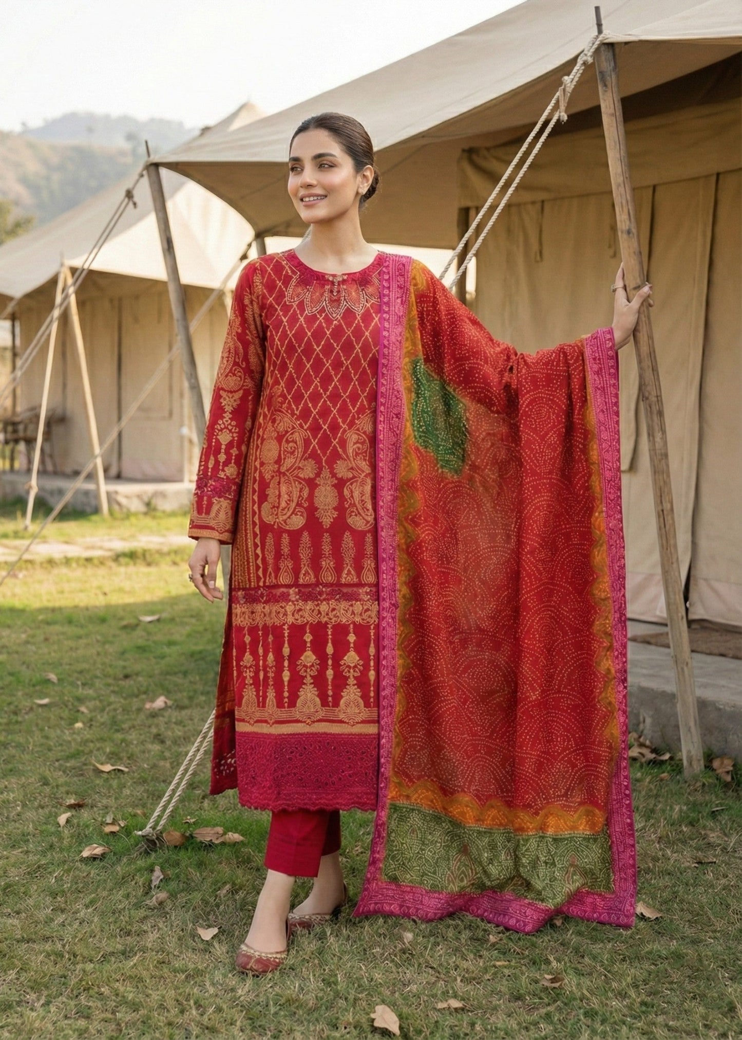 Pakistani Designer Red Jacquard Salwar Kameez Online in KSA Riyadh Saudi Arabia Oman Bahrain Qatar
