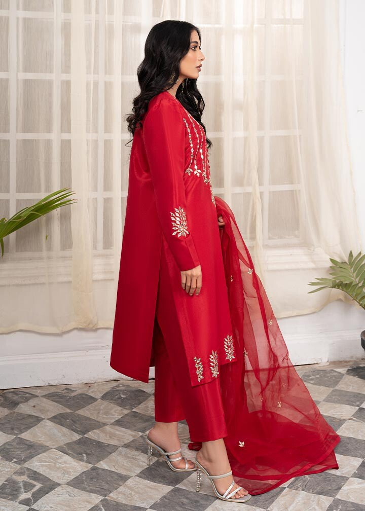 Pakistani Designer Red Kattan Silk Partywear Suit Online in KSA Riyadh Saudi Arabia Oman Bahrain Qatar
