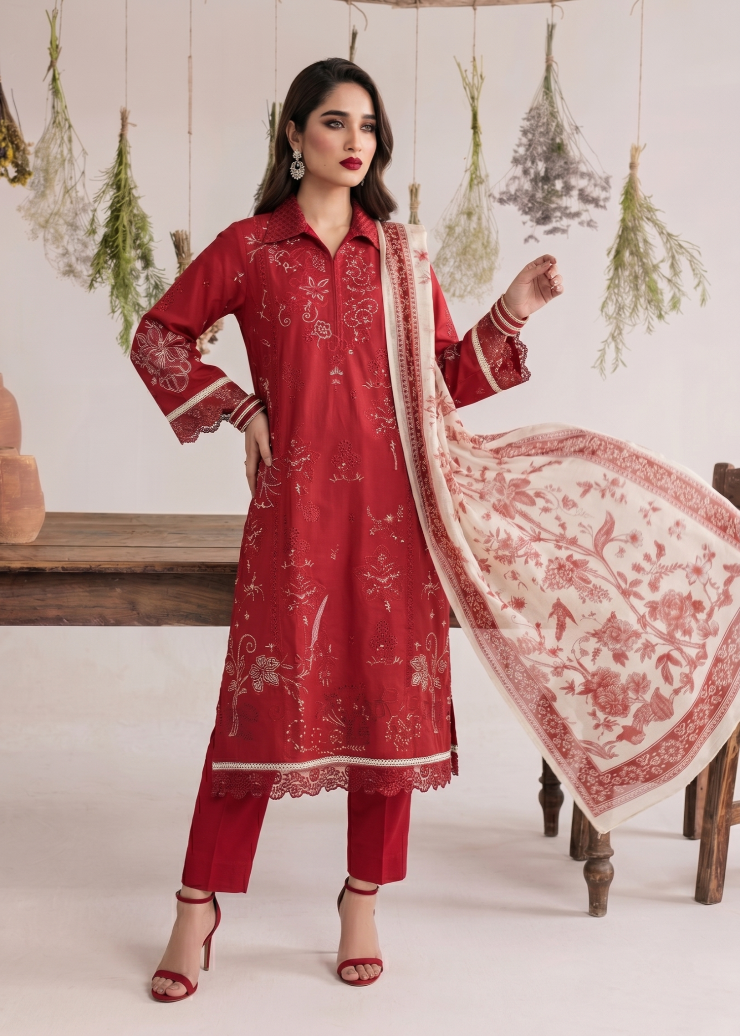 Pakistani Designer Red Lawn Embroidered Suit Online in KSA Riyadh Saudi Arabia Oman Bahrain Qatar