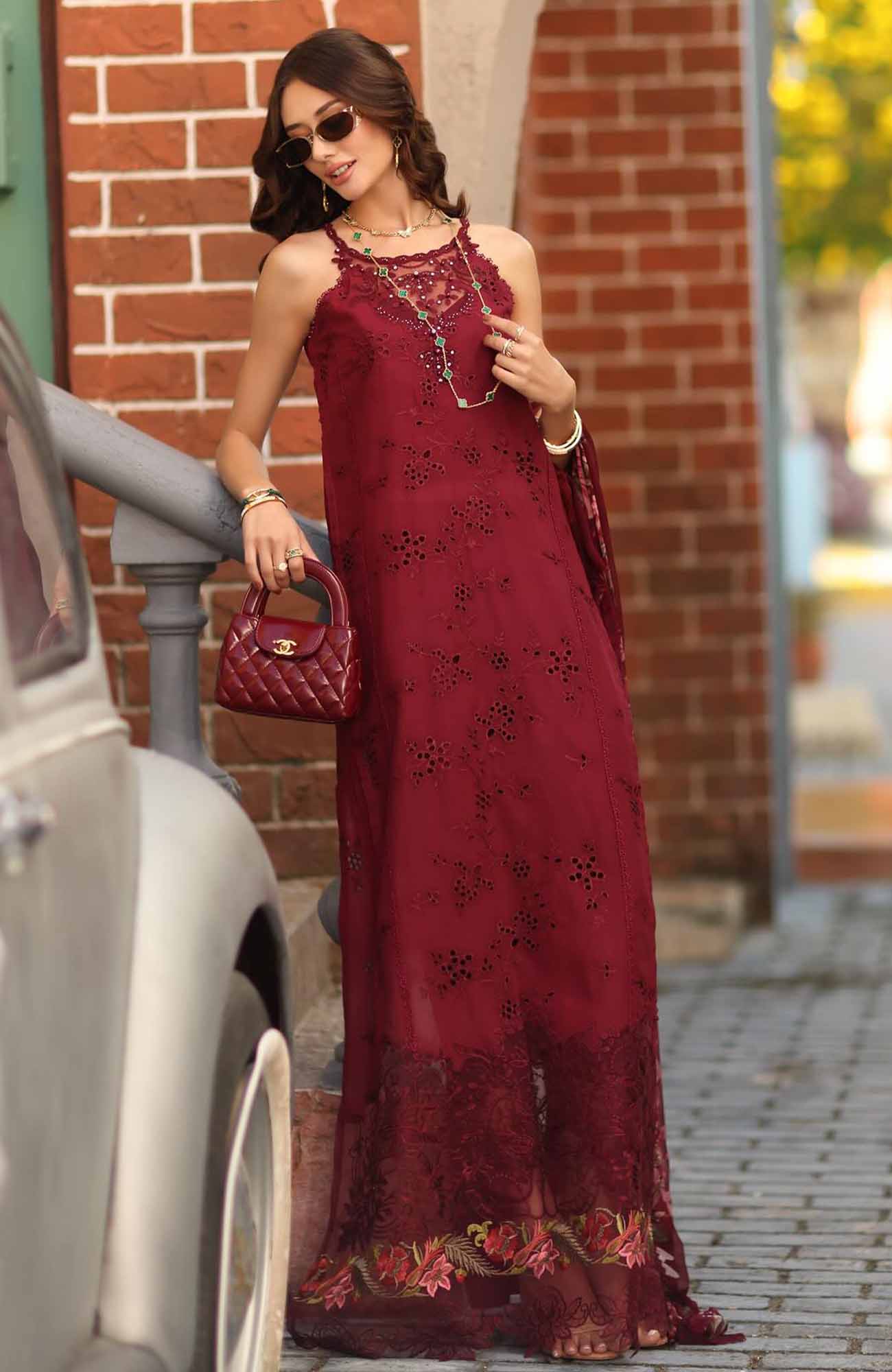 Pakistani Designer Red Lawn Salwar Suit Online in KSA Riyadh Saudi Arabia Oman Bahrain Qatar