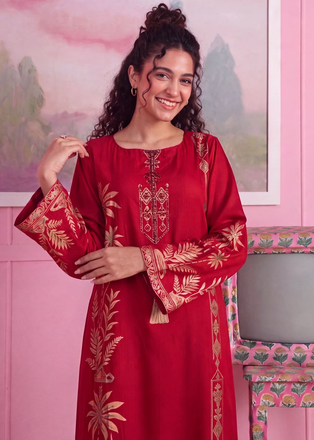 Pakistani Designer Red Linen Kaftan Online in KSA Riyadh Saudi Arabia Oman Bahrain Qatar