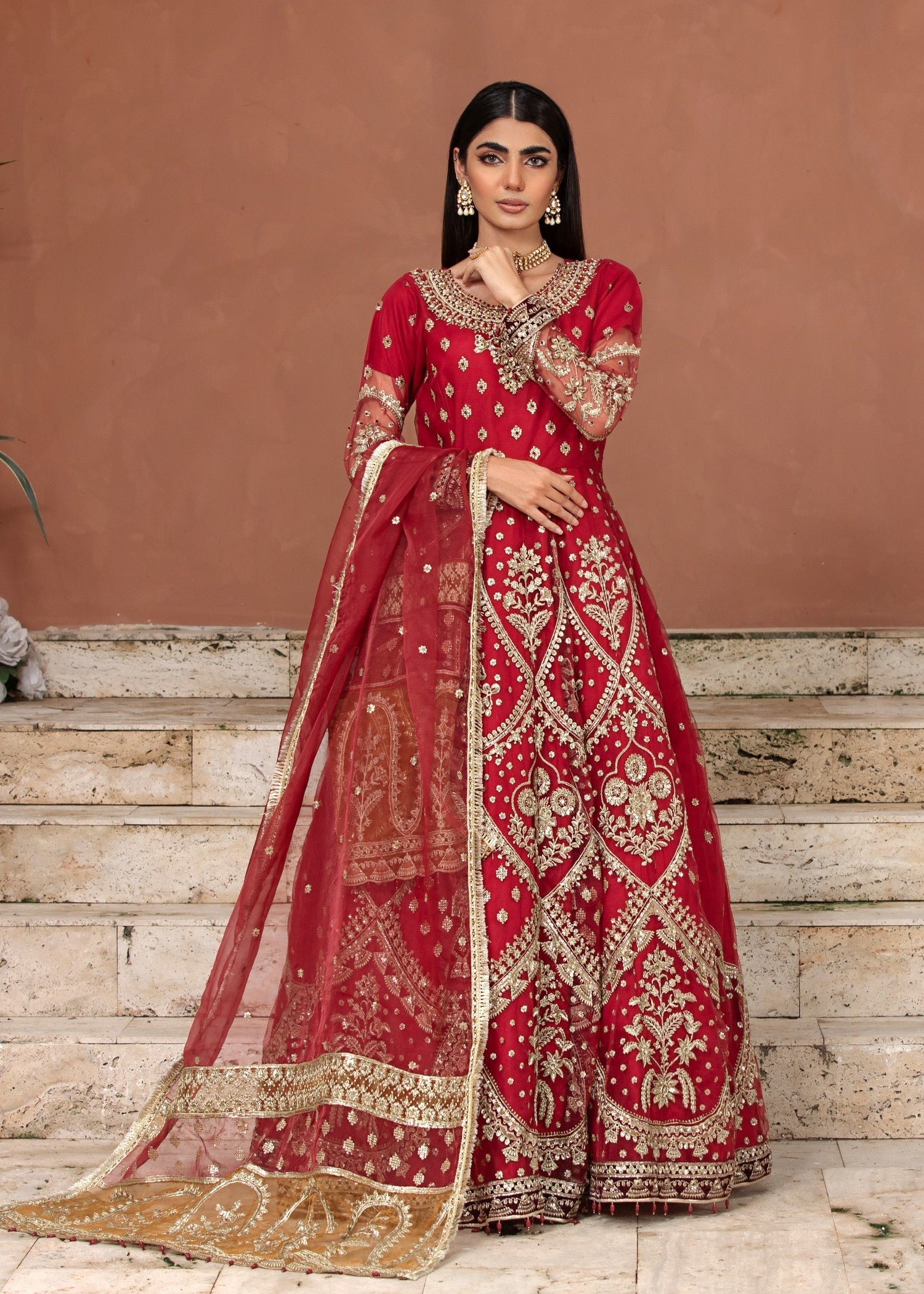 Pakistani Designer Red Net Partywear Suit Online in KSA Riyadh Saudi Arabia Oman Bahrain Qatar