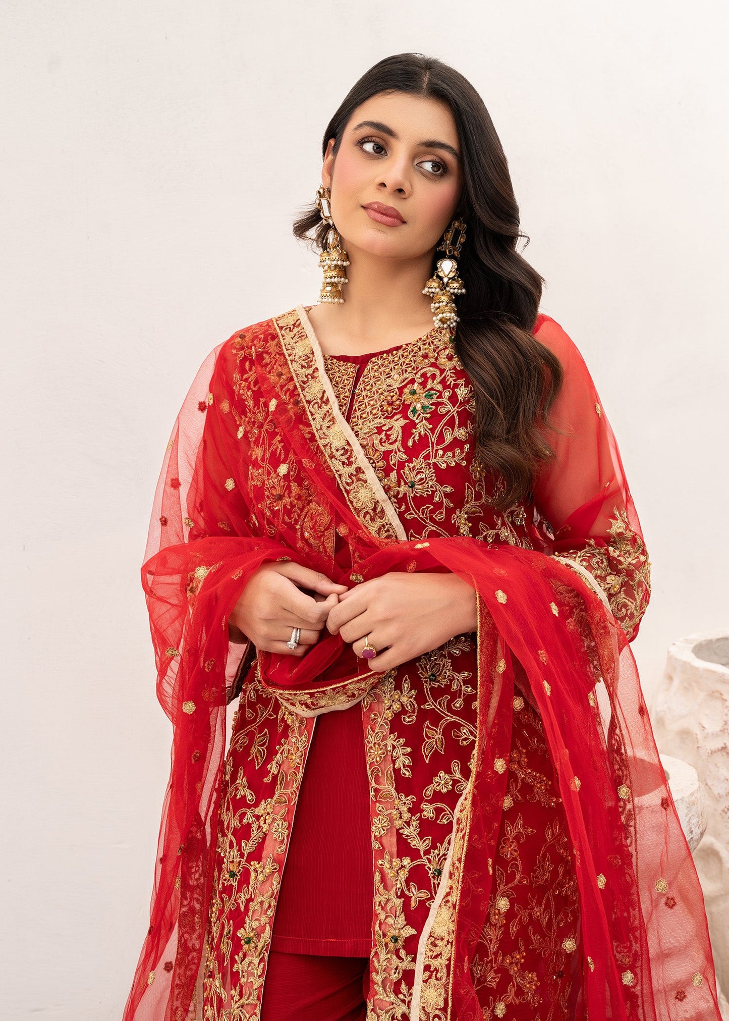 Pakistani Designer Red Organza Embellished Suit Online in KSA Riyadh Saudi Arabia Oman Bahrain Qatar