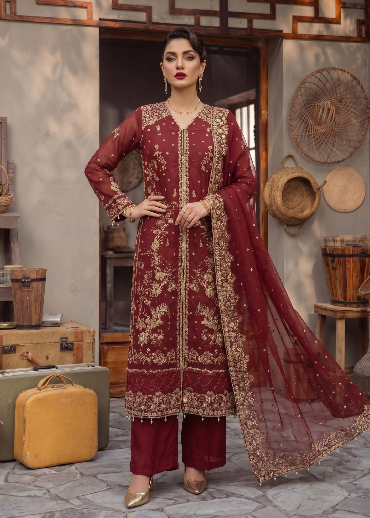 Pakistani Designer Red Organza Embroidered Suit Online in KSA Riyadh Saudi Arabia Oman Bahrain Qatar