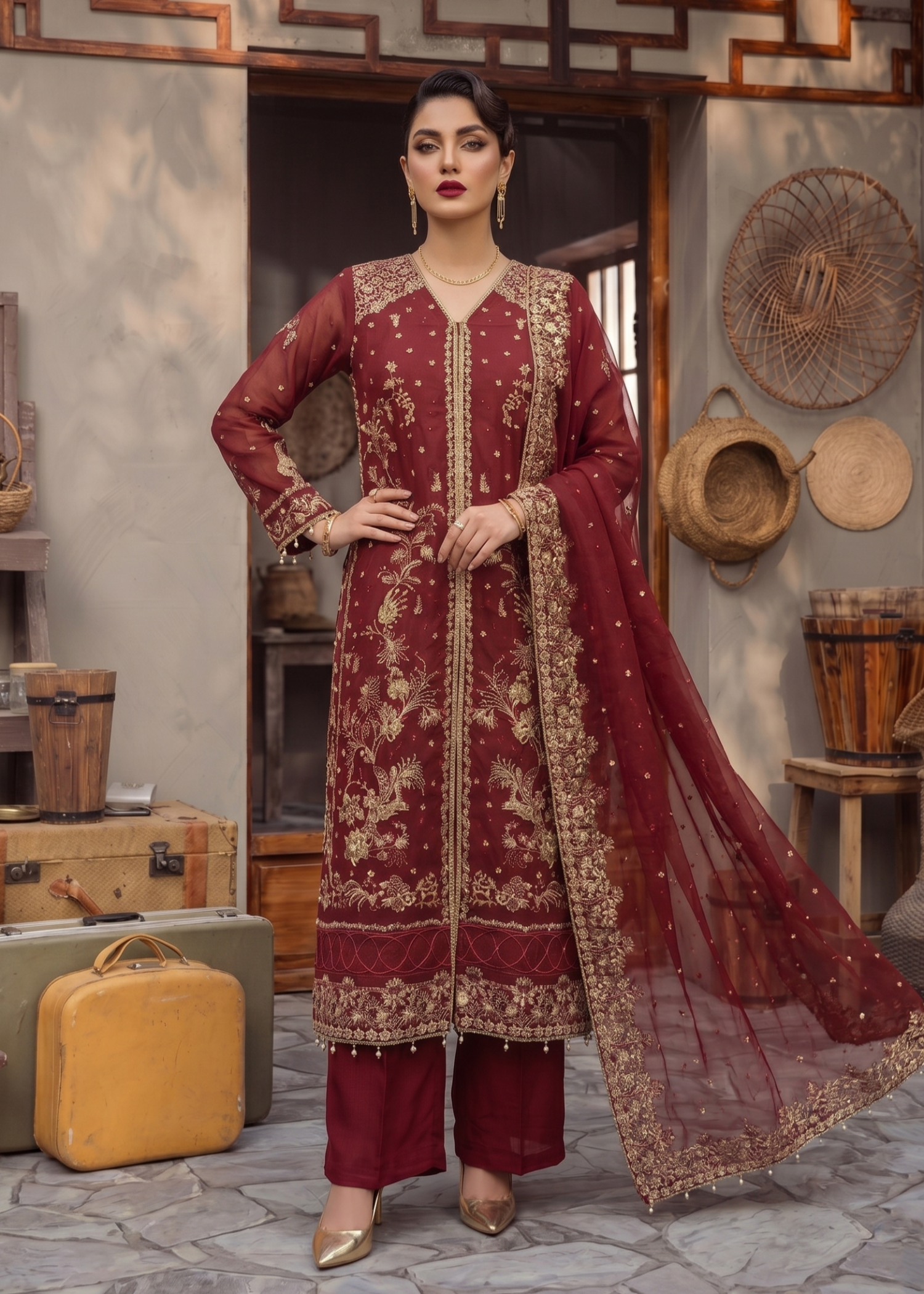Pakistani Designer Red Organza Embroidered Suit Online in KSA Riyadh Saudi Arabia Oman Bahrain Qatar