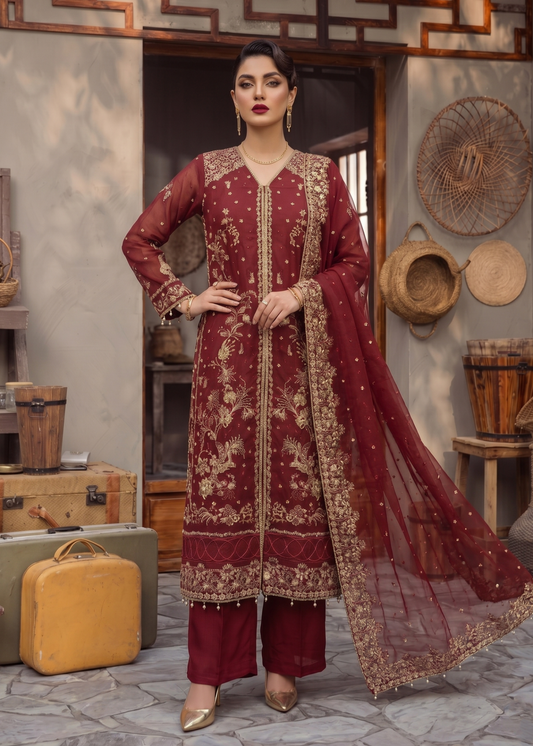 Pakistani Designer Red Organza Embroidered Suit Online in KSA Riyadh Saudi Arabia Oman Bahrain Qatar