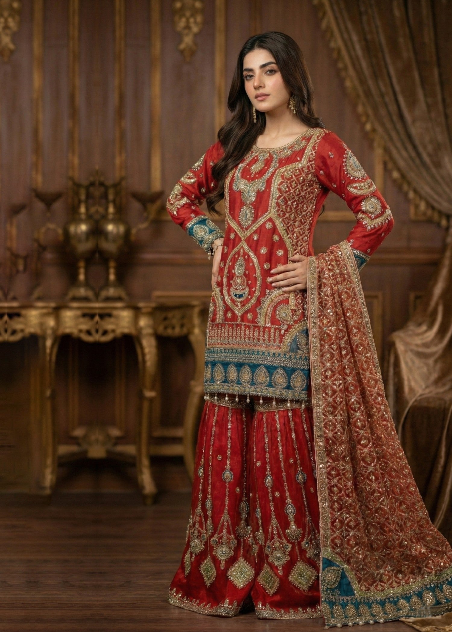 Pakistani Designer Red Organza Gharara Online in KSA Riyadh Saudi Arabia Oman Bahrain Qatar