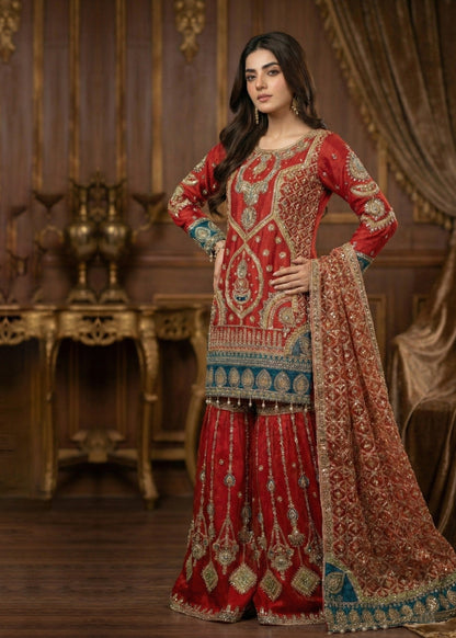Pakistani Designer Red Organza Gharara Online in KSA Riyadh Saudi Arabia Oman Bahrain Qatar