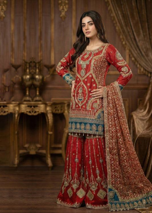Pakistani Designer Red Organza Gharara Online in KSA Riyadh Saudi Arabia Oman Bahrain Qatar