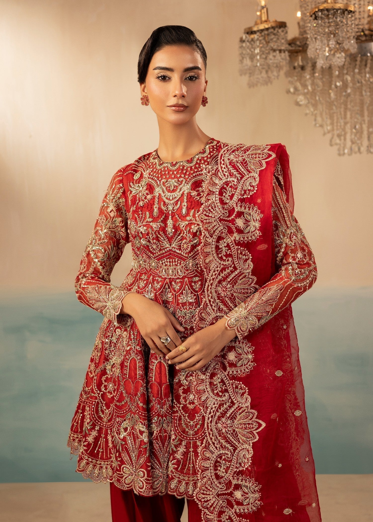 Pakistani Designer Red Raw Silk Farshi Dress Online in KSA Riyadh Saudi Arabia Oman Bahrain Qatar