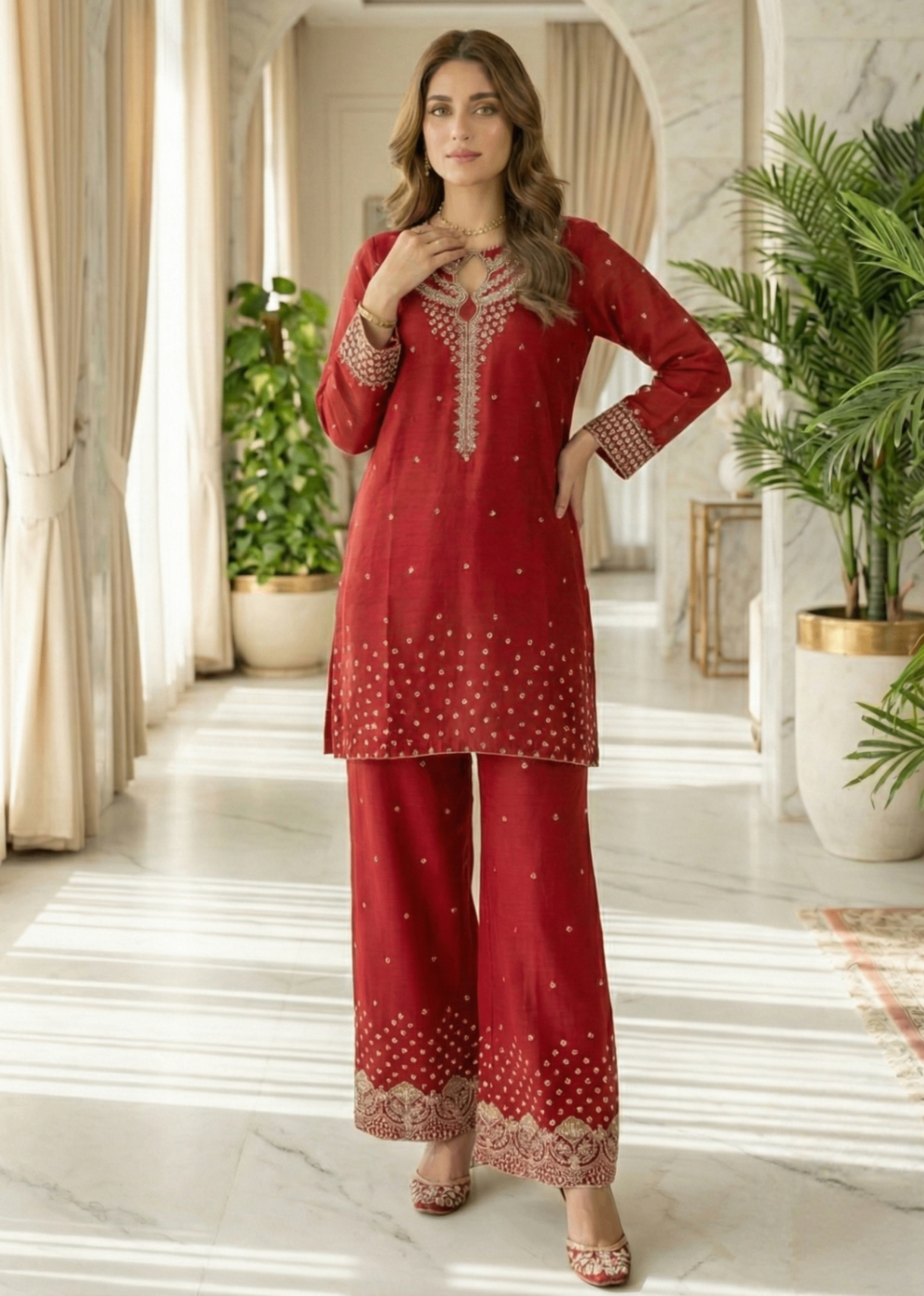 Pakistani Designer Red Raw Silk Salwar Kameez Online in KSA Riyadh Saudi Arabia Oman Bahrain Qatar