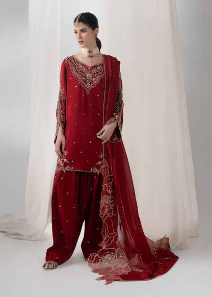 Pakistani Designer Red Raw Silk Salwar Kameez Online in KSA Riyadh Saudi Arabia Oman Bahrain Qatar
