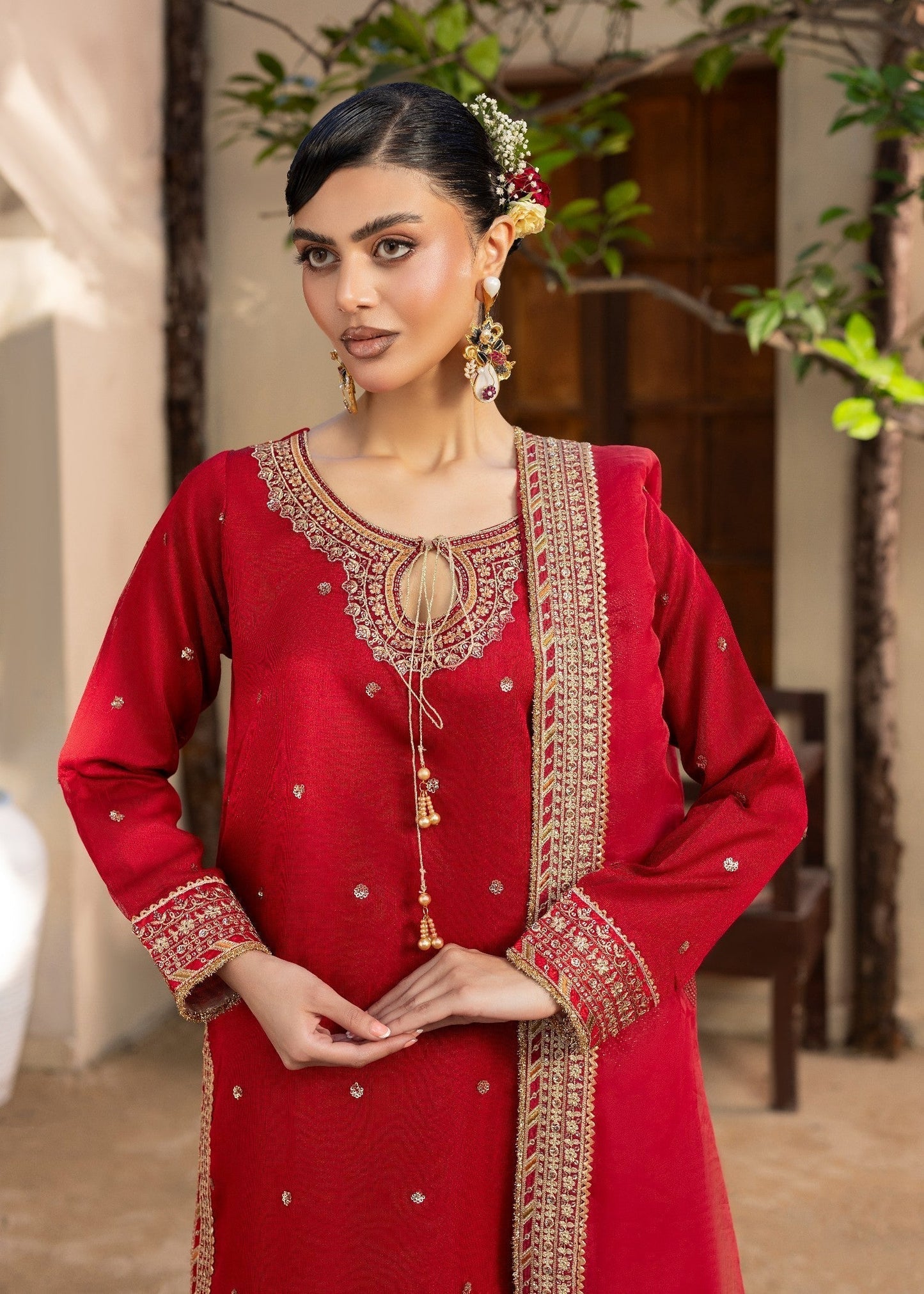 Pakistani Designer Red Raw Silk Salwar Kameez Online in KSA Riyadh Saudi Arabia Oman Bahrain Qatar