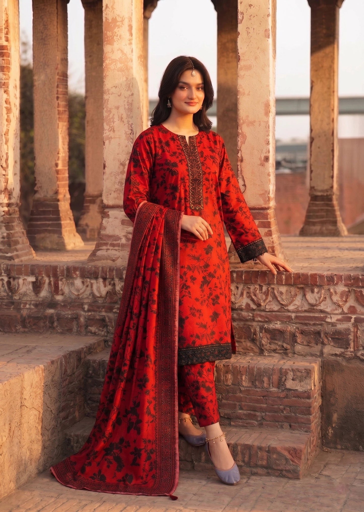 Pakistani Designer Red Silk Parachute Salwar Suit Online in KSA Riyadh Saudi Arabia Oman Bahrain Qatar