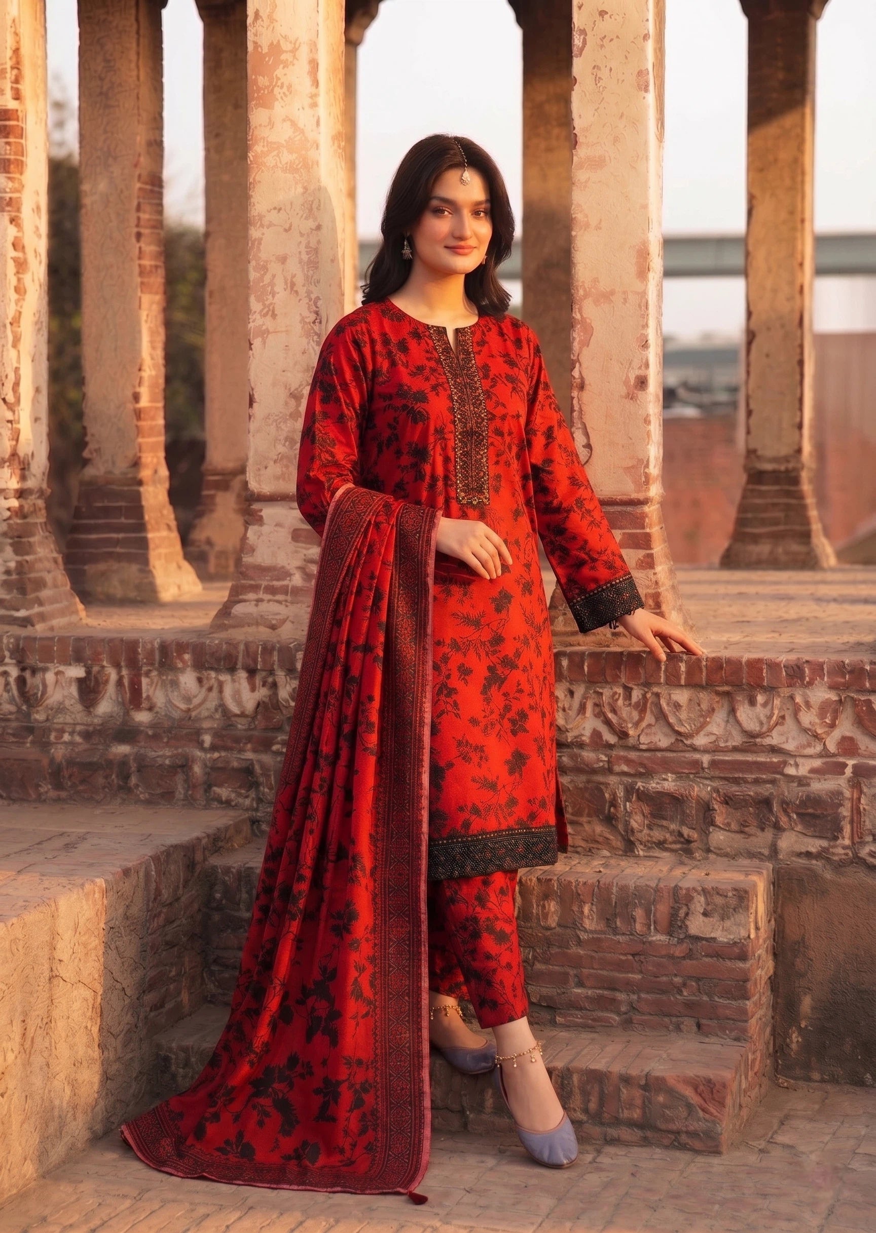 Pakistani Designer Red Silk Parachute Salwar Suit Online in KSA Riyadh Saudi Arabia Oman Bahrain Qatar